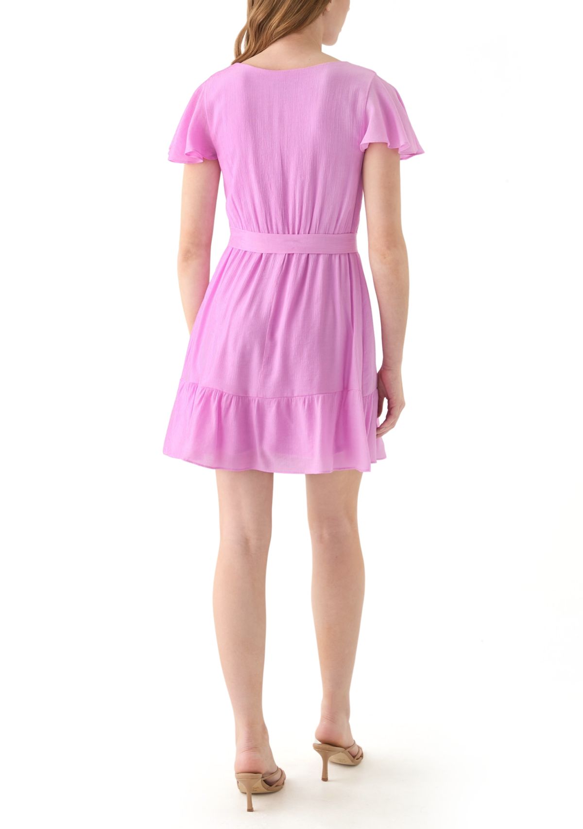 Womens  Flutter Sleeve Faux Wrap Dress