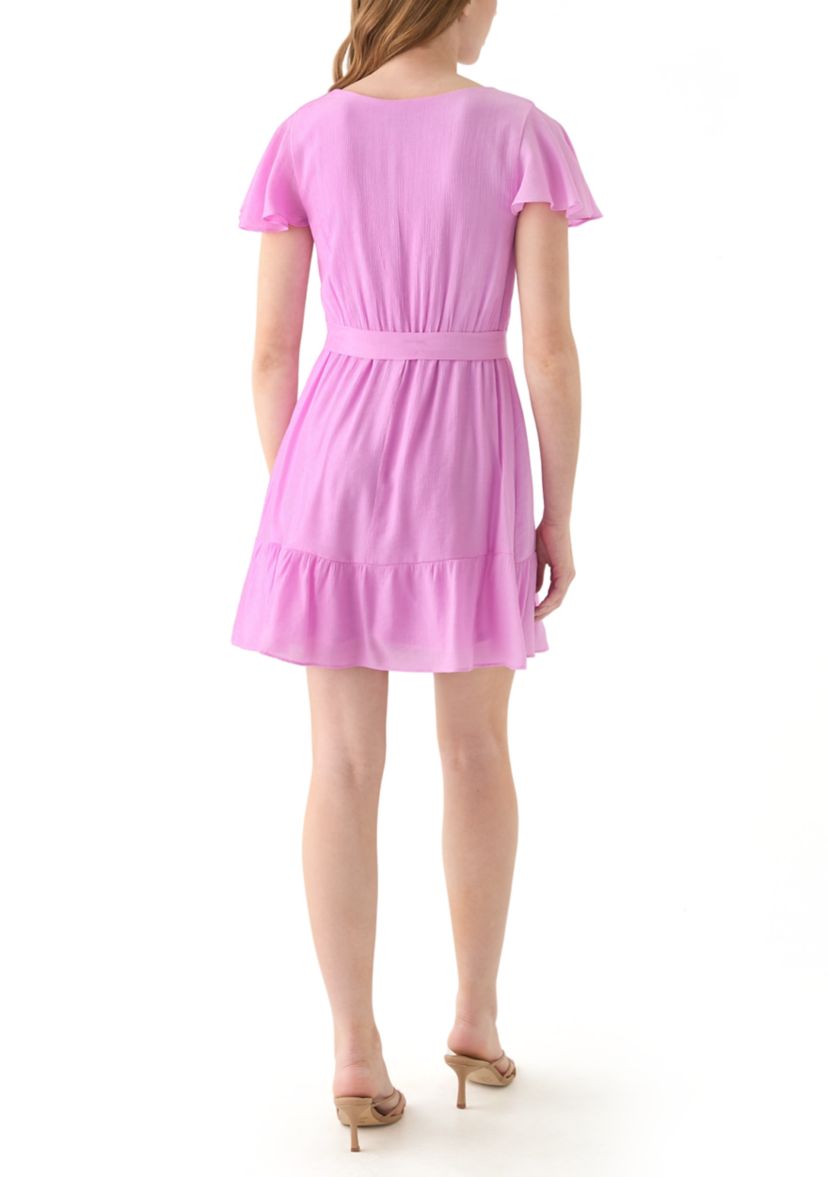 Juniors Flutter Sleeve Faux Wrap Dress