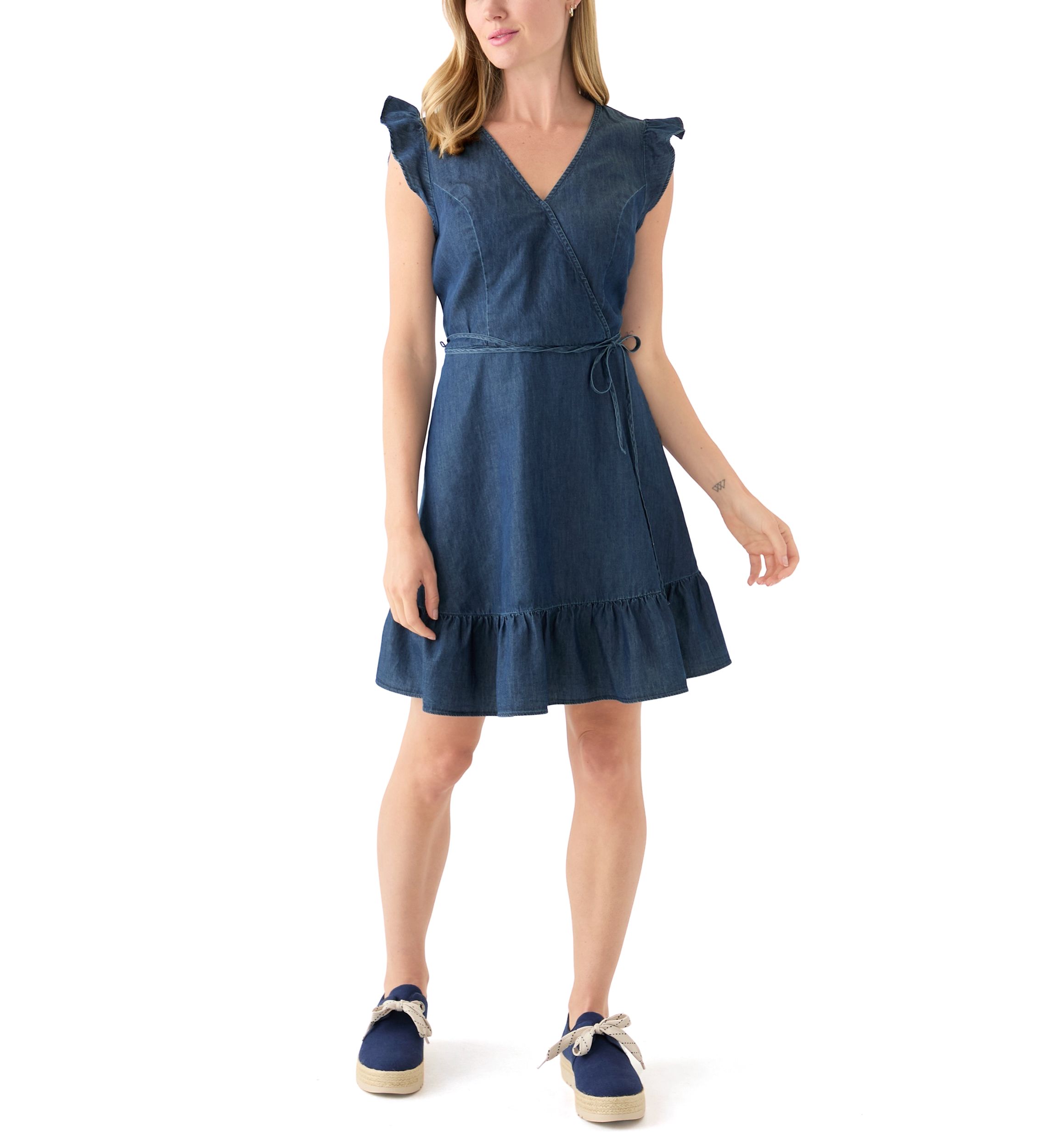Womens Flutter Sleeve Faux Wrap Dress