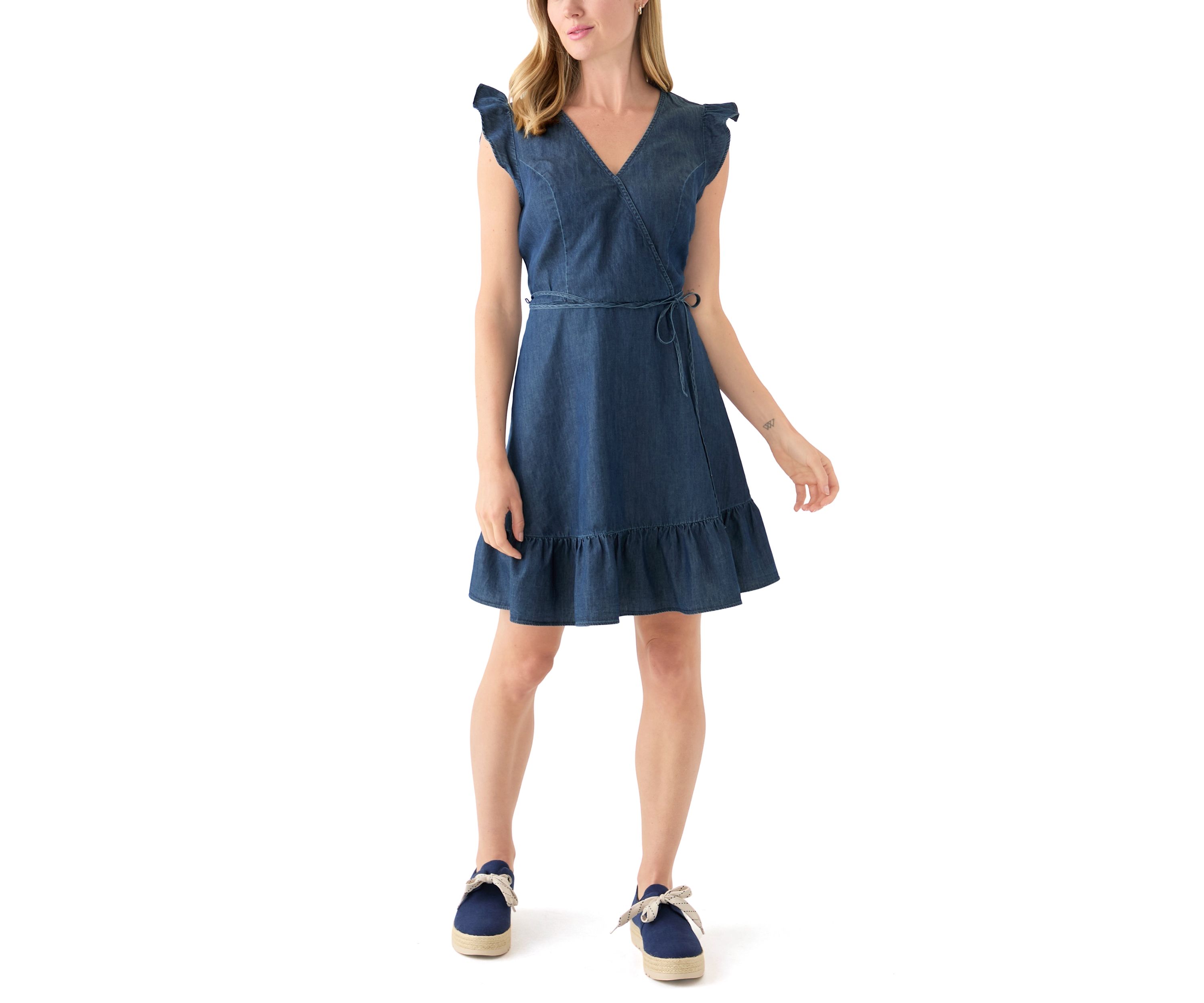 Womens Flutter Sleeve Faux Wrap Dress