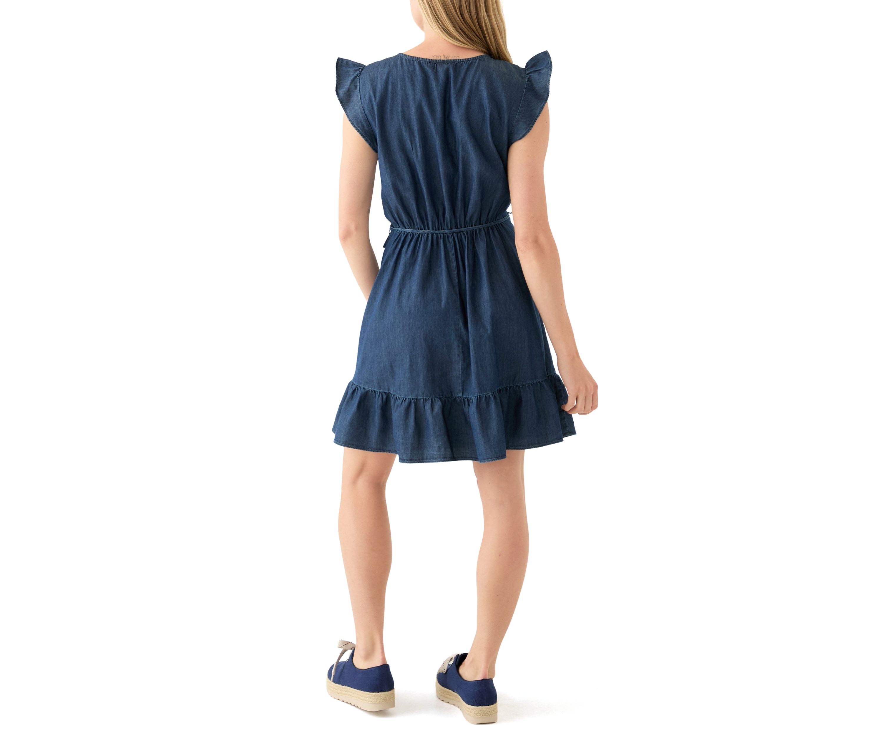 Womens Flutter Sleeve Faux Wrap Dress