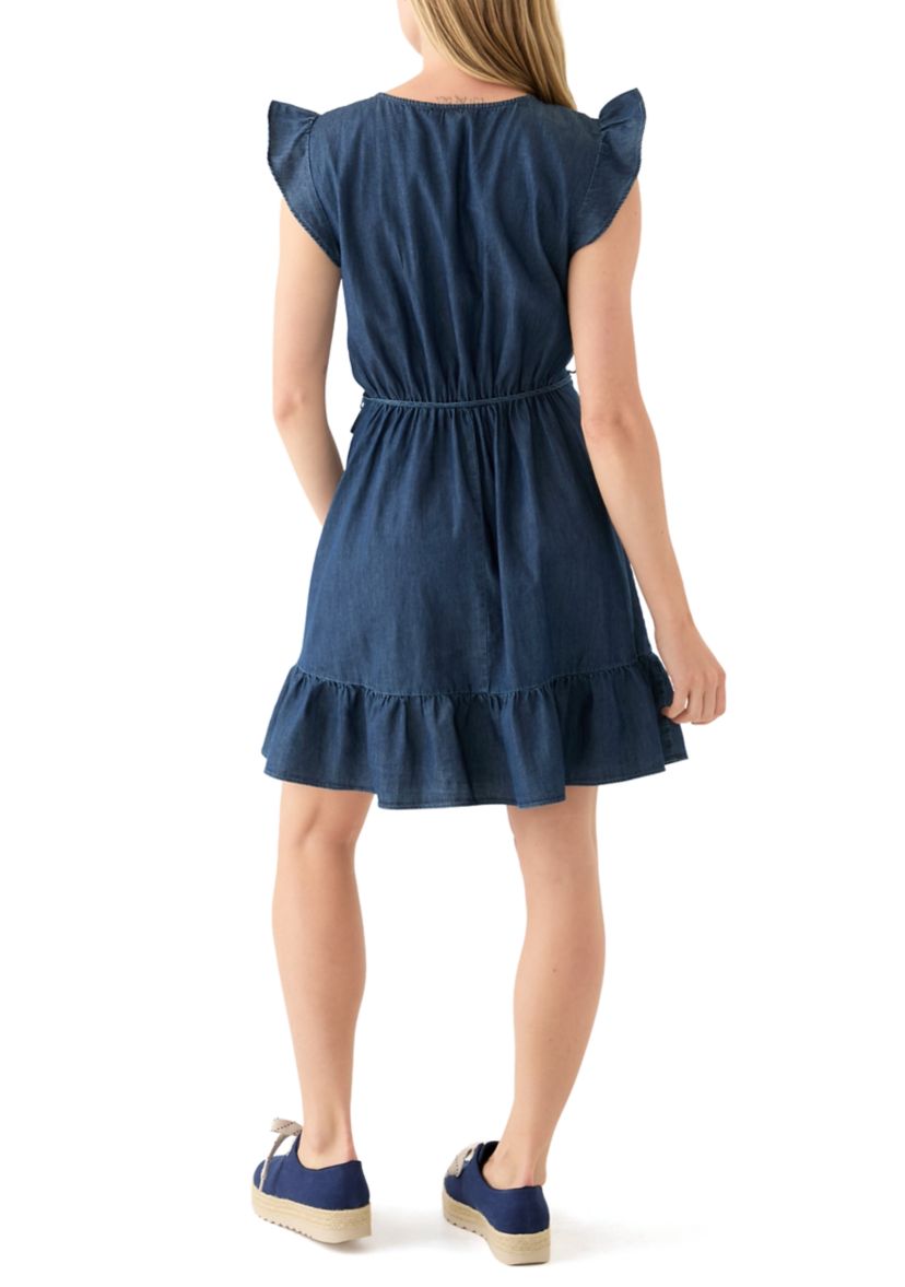 Womens Flutter Sleeve Faux Wrap Dress