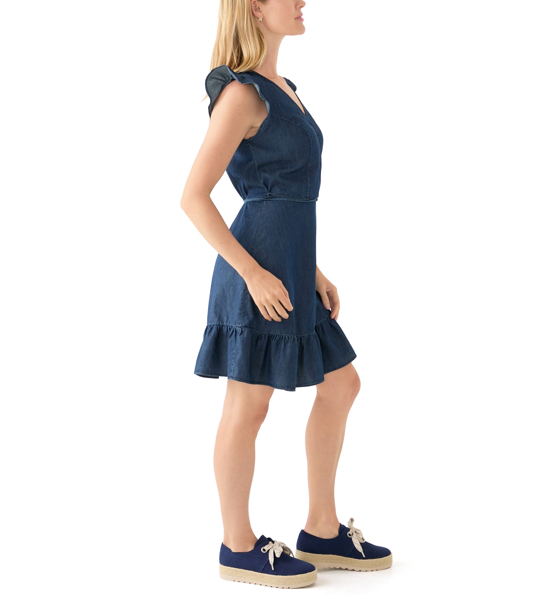 Womens Flutter Sleeve Faux Wrap Dress