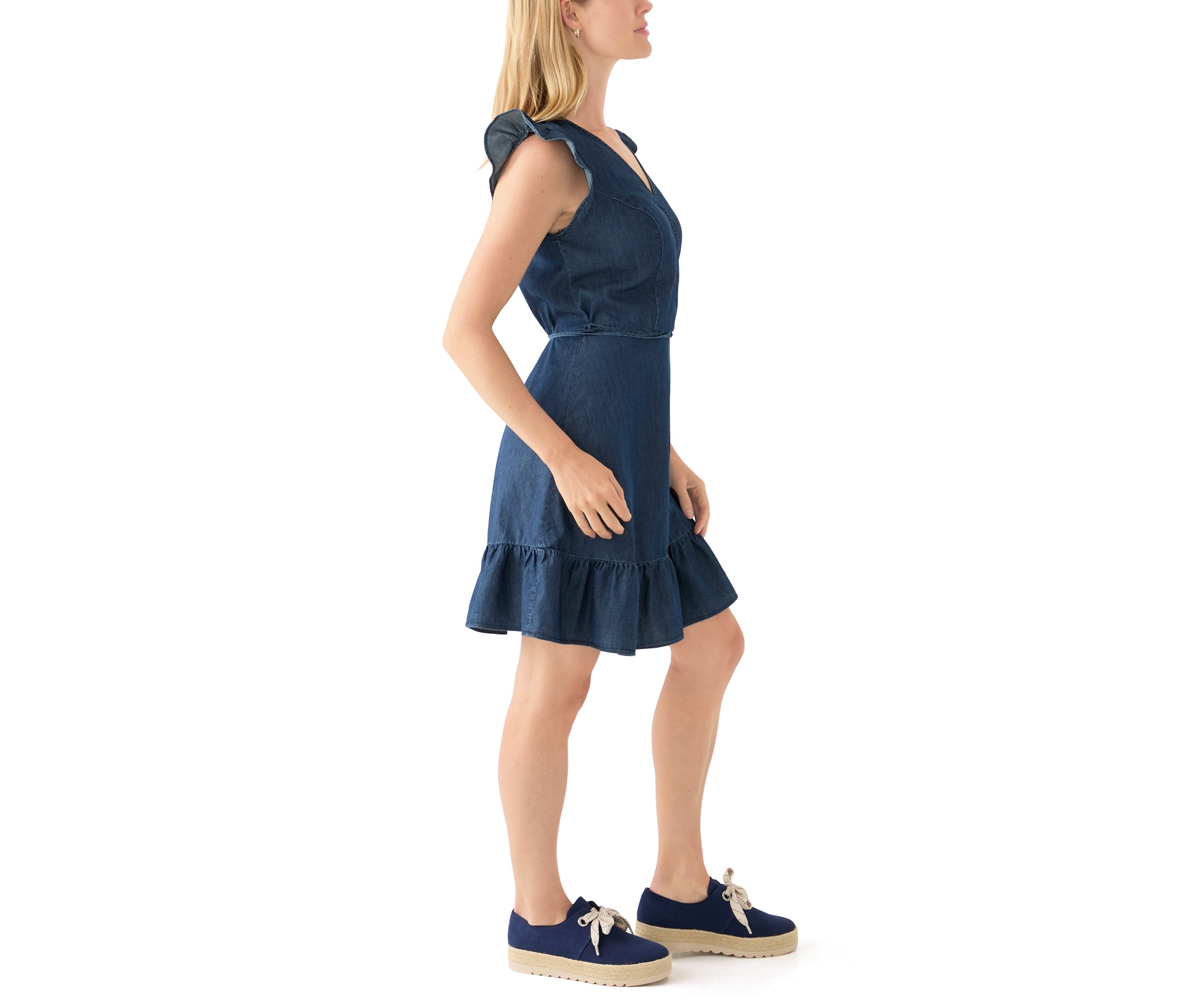 Womens Flutter Sleeve Faux Wrap Dress