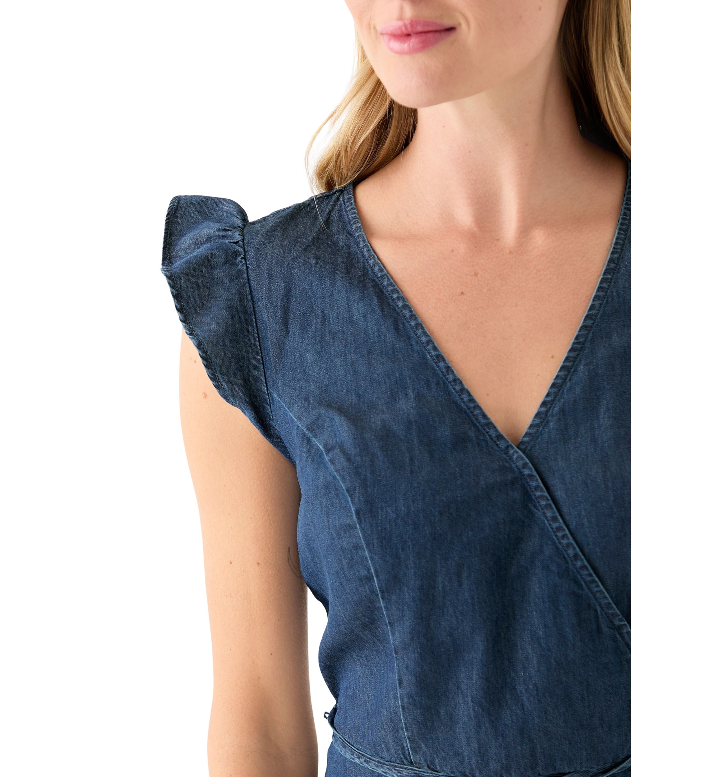 Womens Flutter Sleeve Faux Wrap Dress