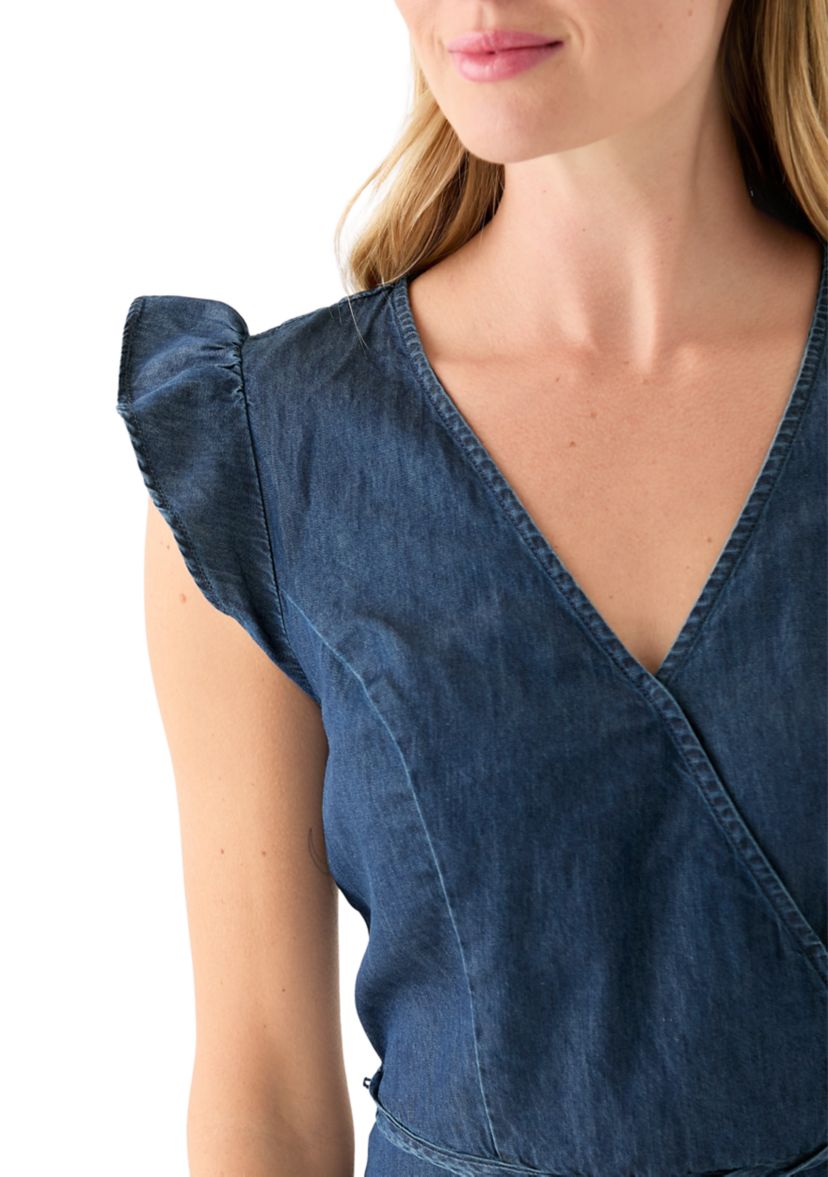 Womens Flutter Sleeve Faux Wrap Dress