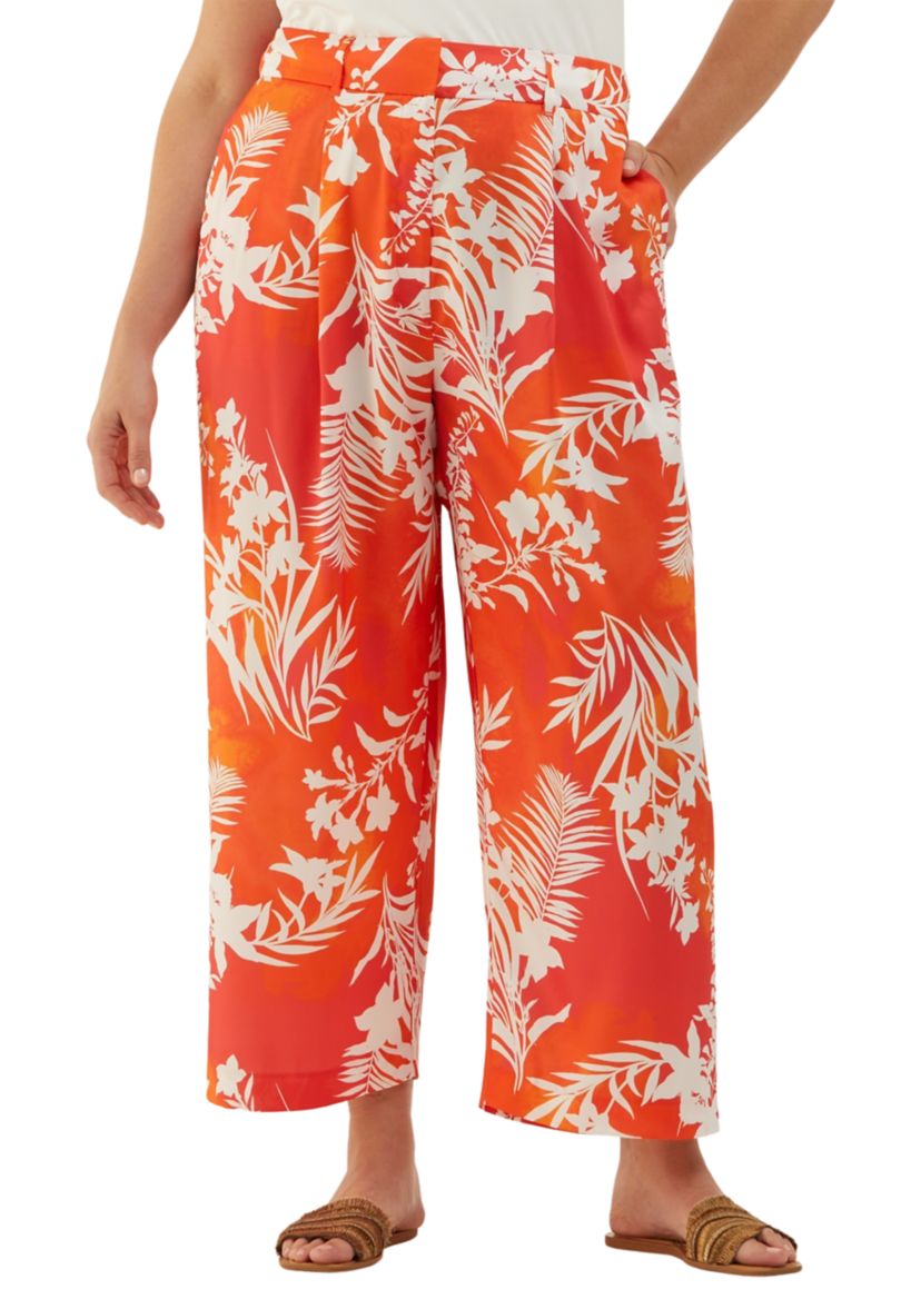 Plus Size Wildflower Printed Wide Leg Ankle Pants