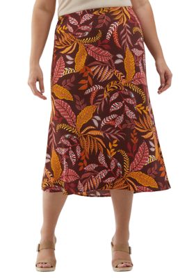 ELLA Rafaella Women's Plus Size Leaf Print Shine Bias Skirt, 3X