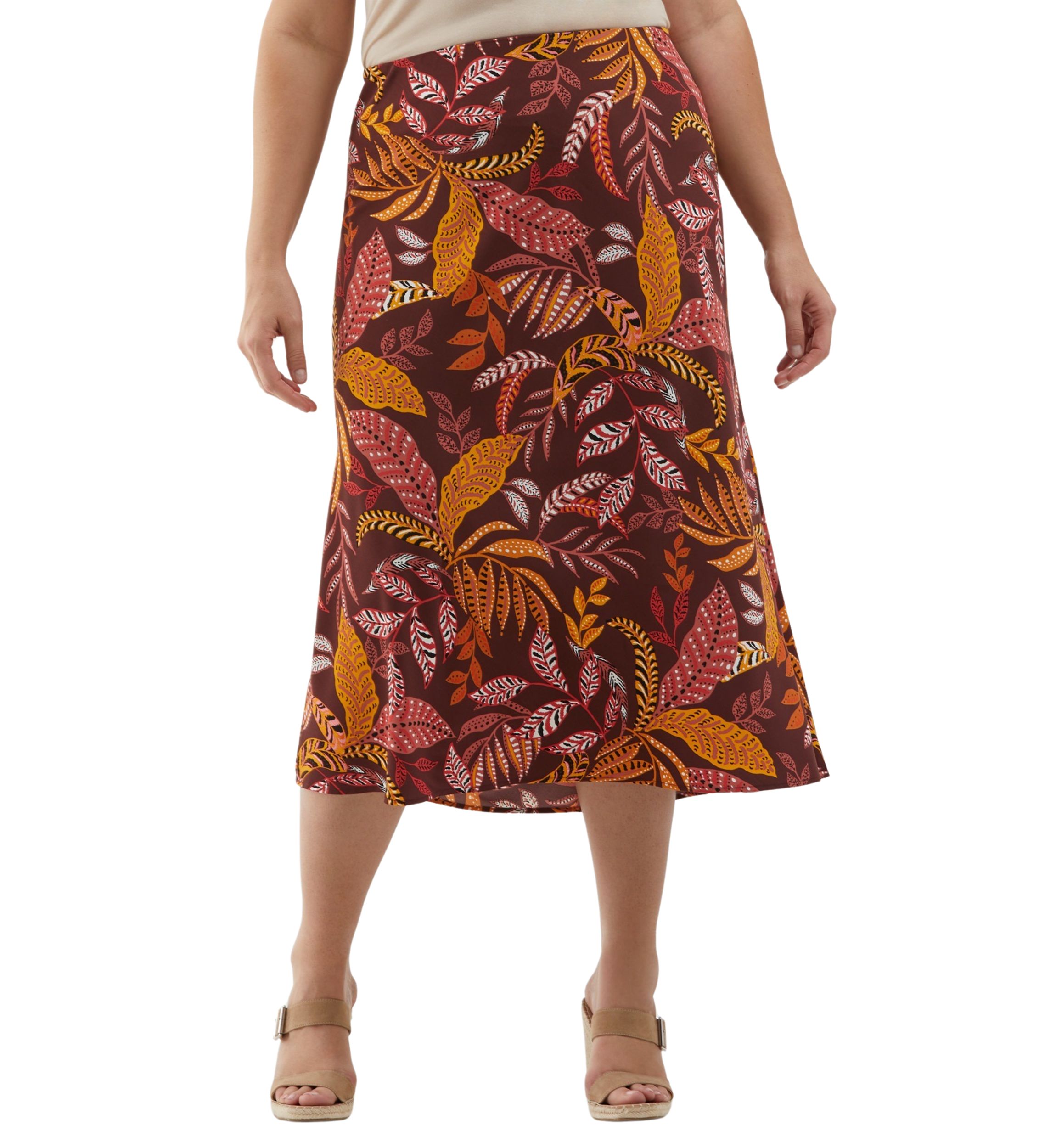 Plus Size Leaf Print Shine Bias Skirt