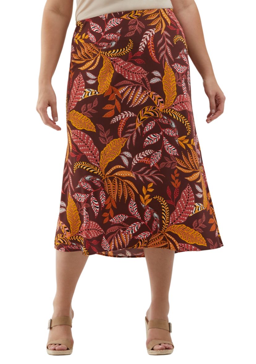 Plus Size Leaf Print Shine Bias Skirt