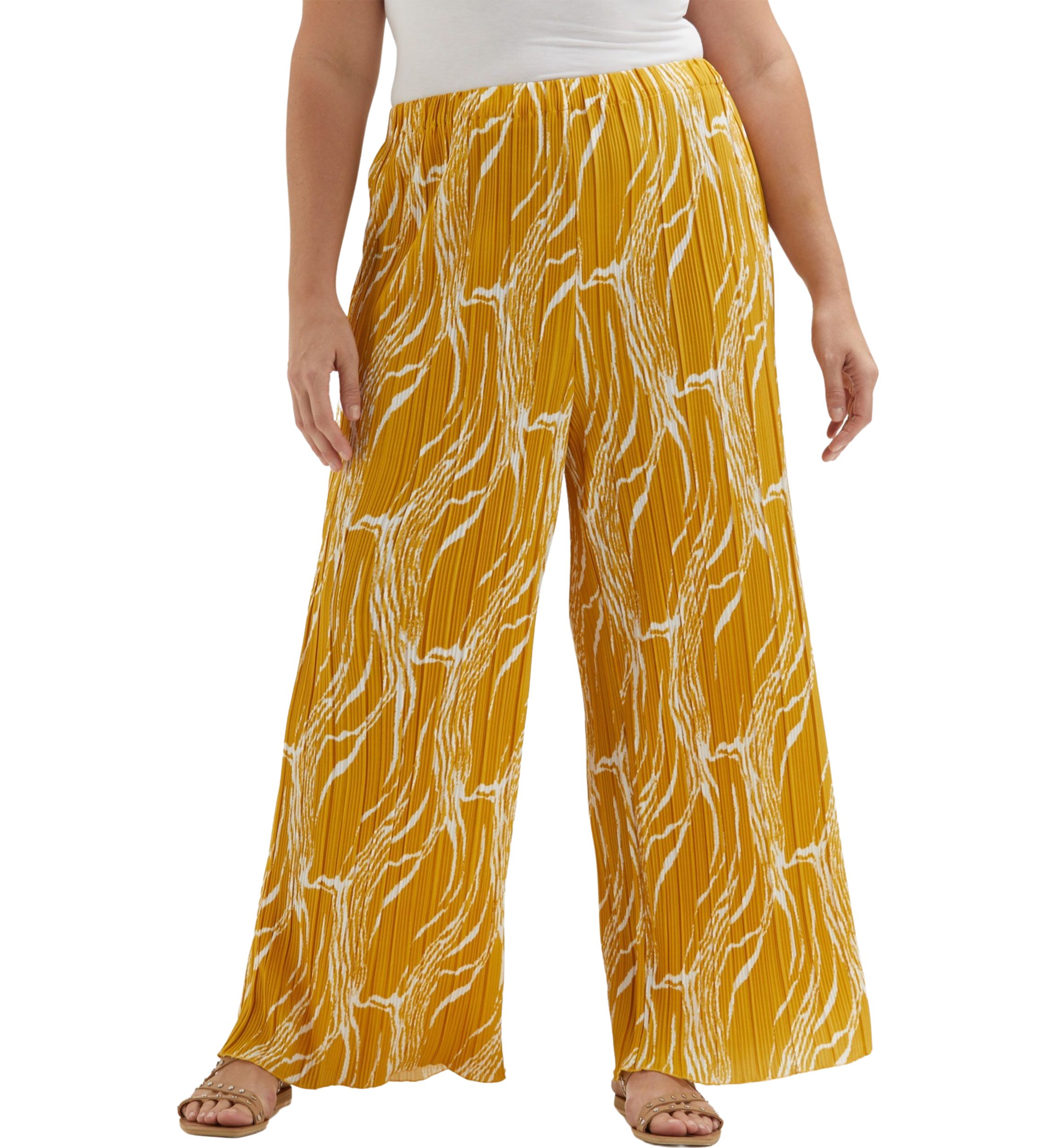 Plus Size Ripple Print Plisse Wide Leg Ankle Pants