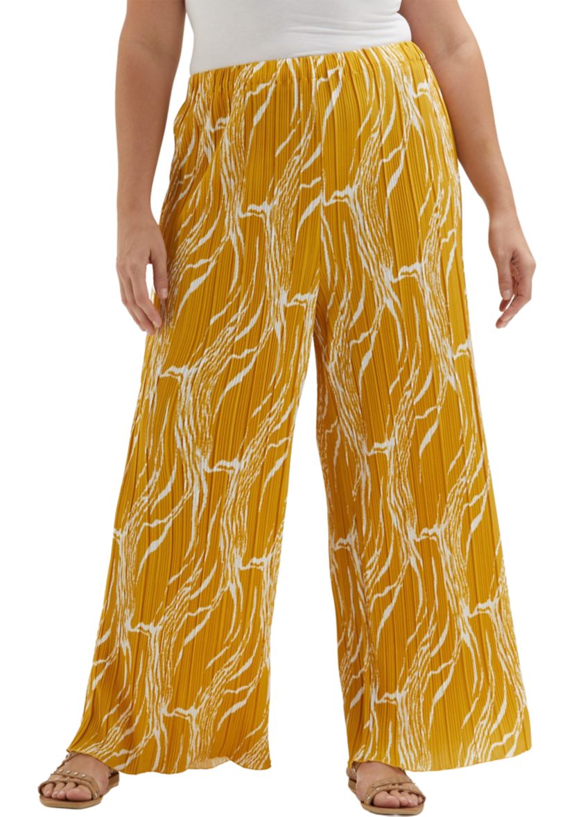 Plus Size Ripple Print Plisse Wide Leg Ankle Pants