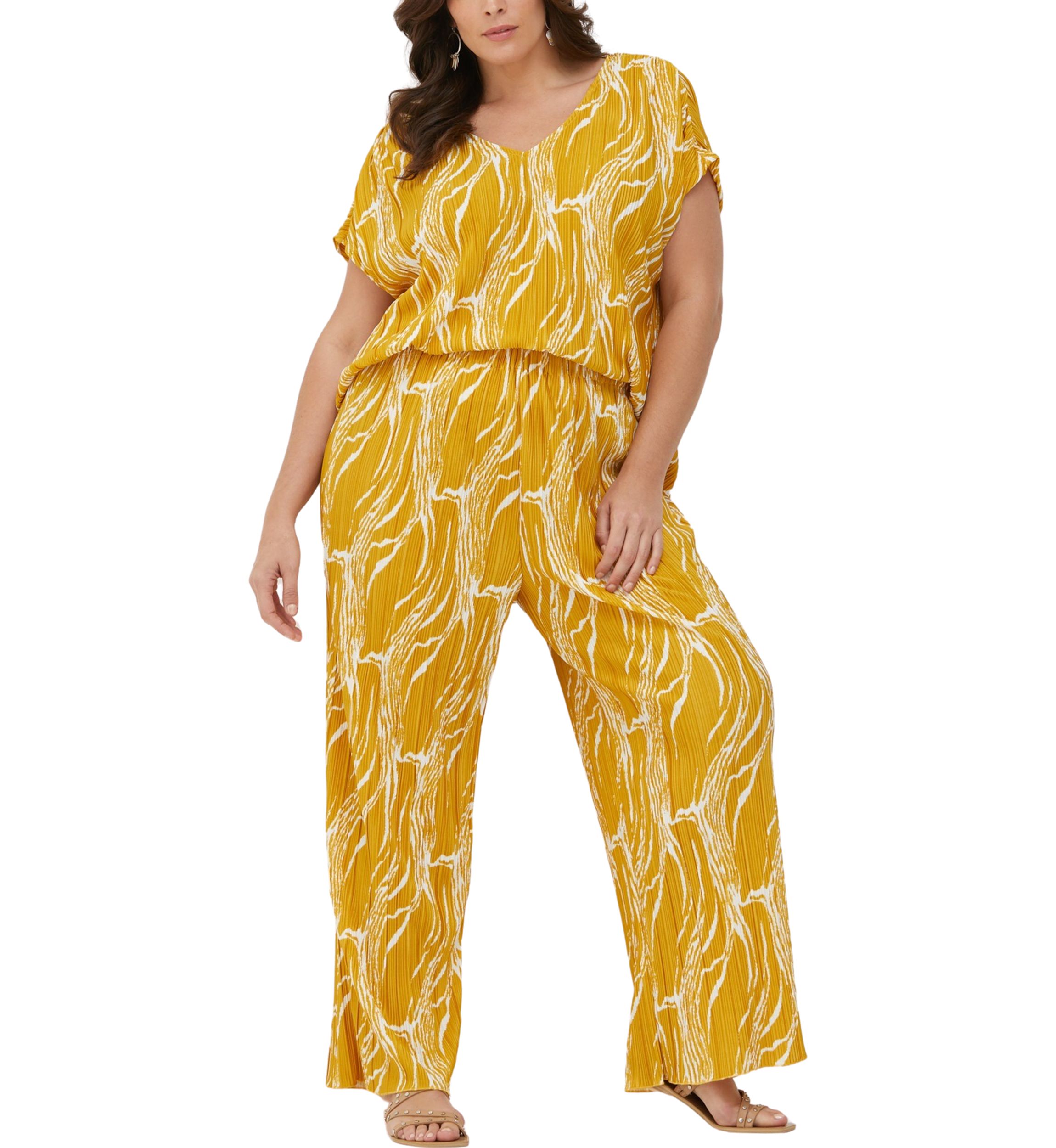 Plus Size Ripple Print Plisse Wide Leg Ankle Pants
