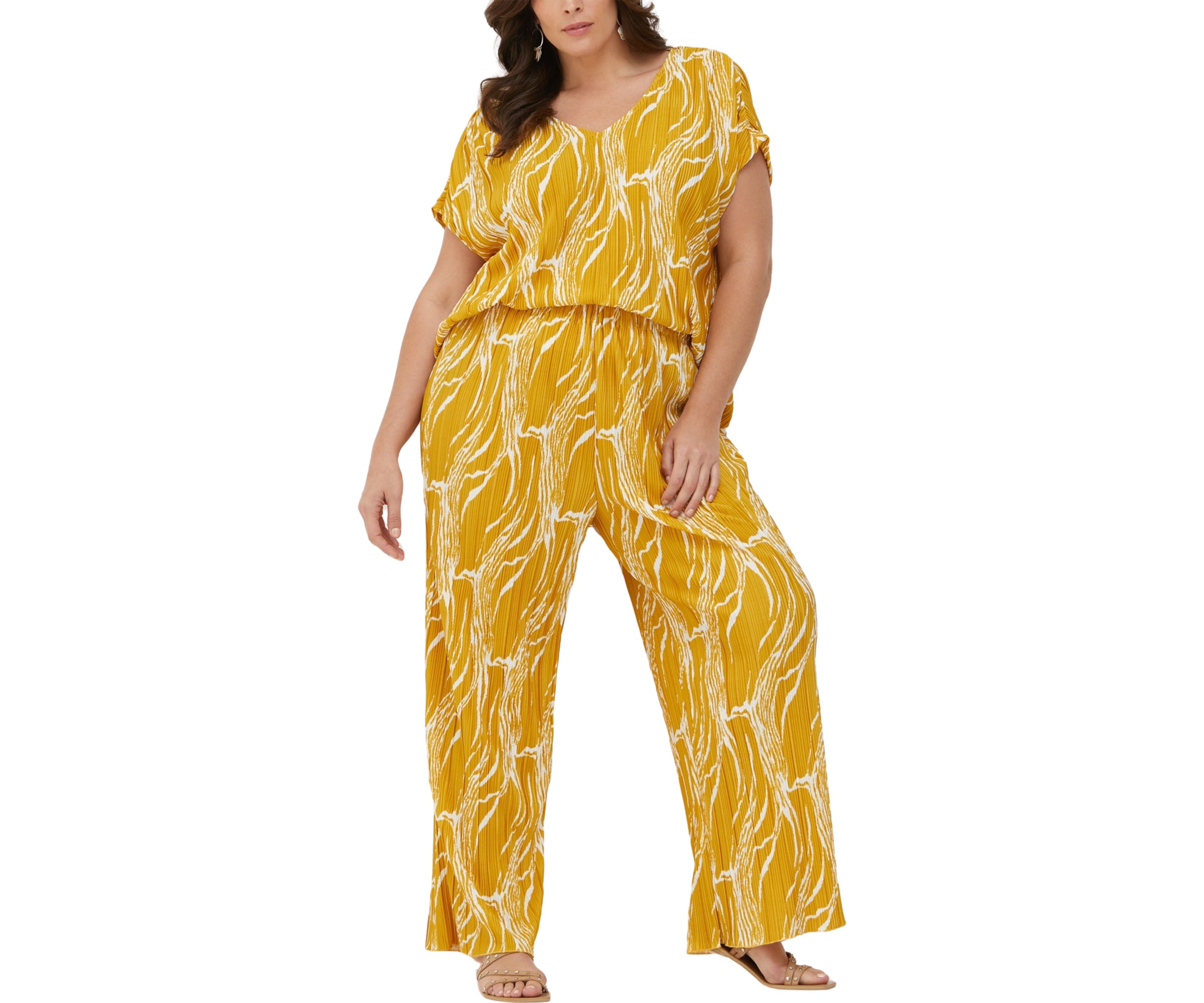 Plus Size Ripple Print Plisse Wide Leg Ankle Pants