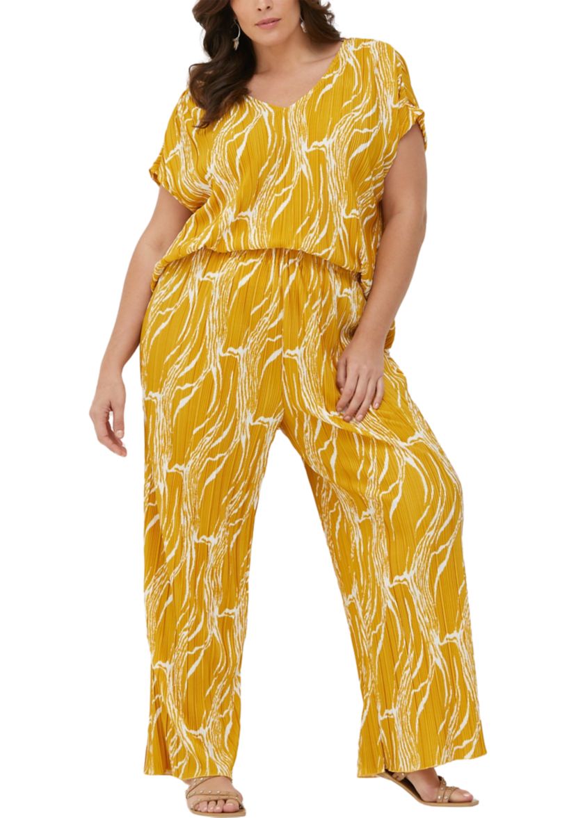 Plus Size Ripple Print Plisse Wide Leg Ankle Pants