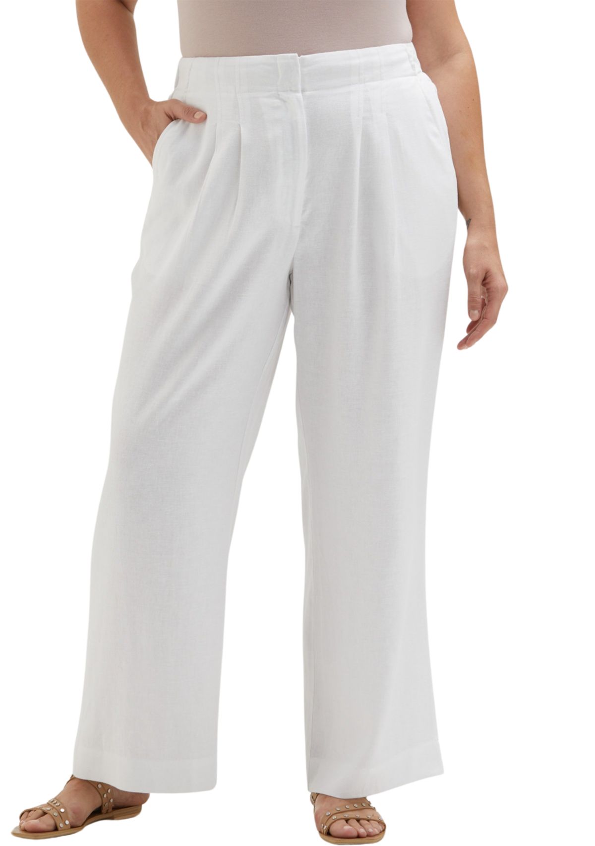 Plus Size Linen Blend Pleated Wide Leg Pants