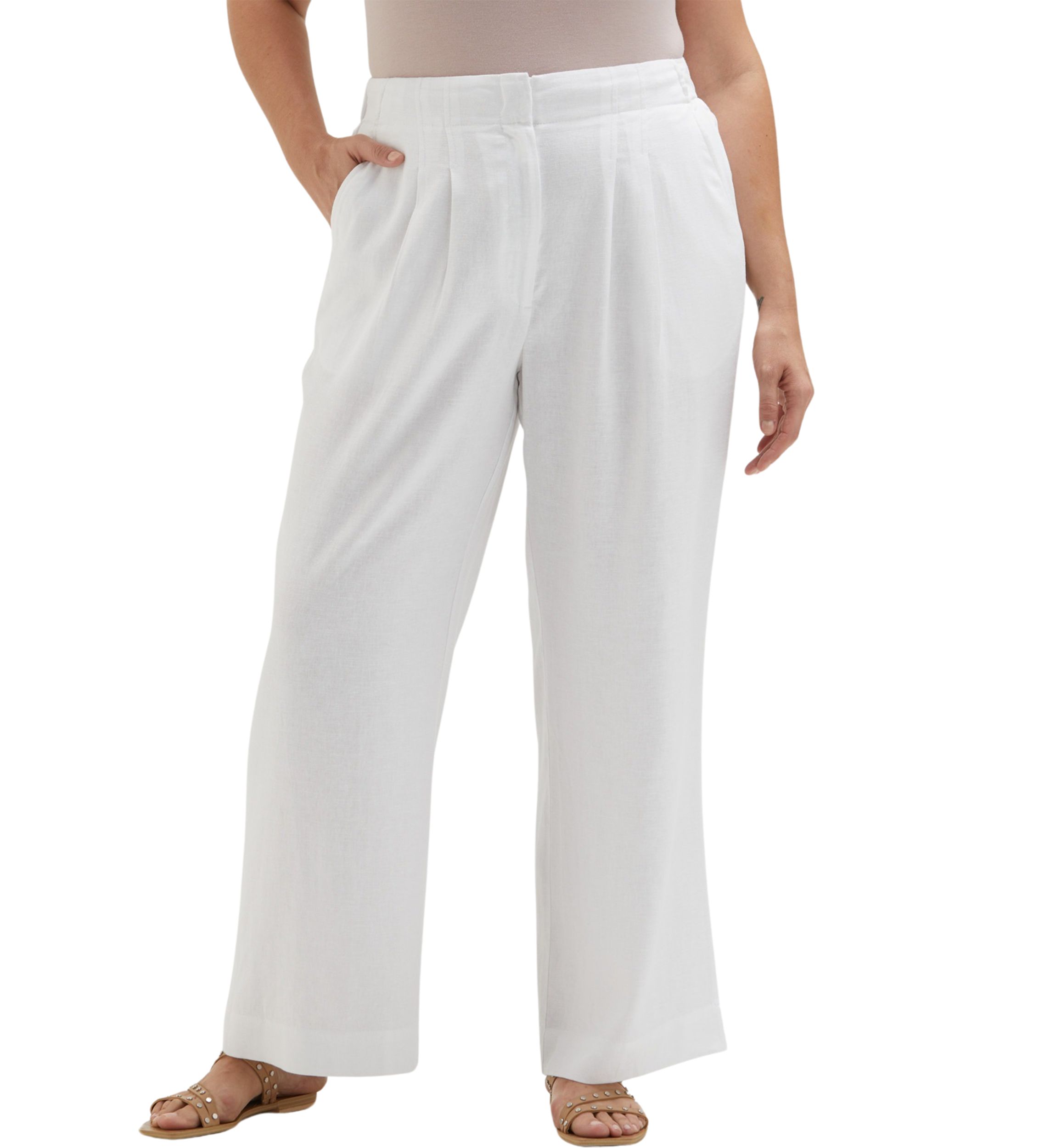 Plus Size Linen Blend Pleated Wide Leg Pants