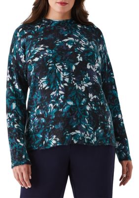 ELLA Rafaella Women's Plus Size Damask Print Mock Neck Lnog Sleeve Pullover Sweater, Teal, 0X