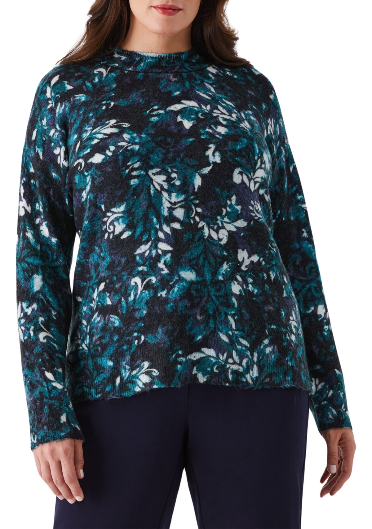 Plus Size Damask Print Mock Neck Lnog Sleeve Pullover Sweater