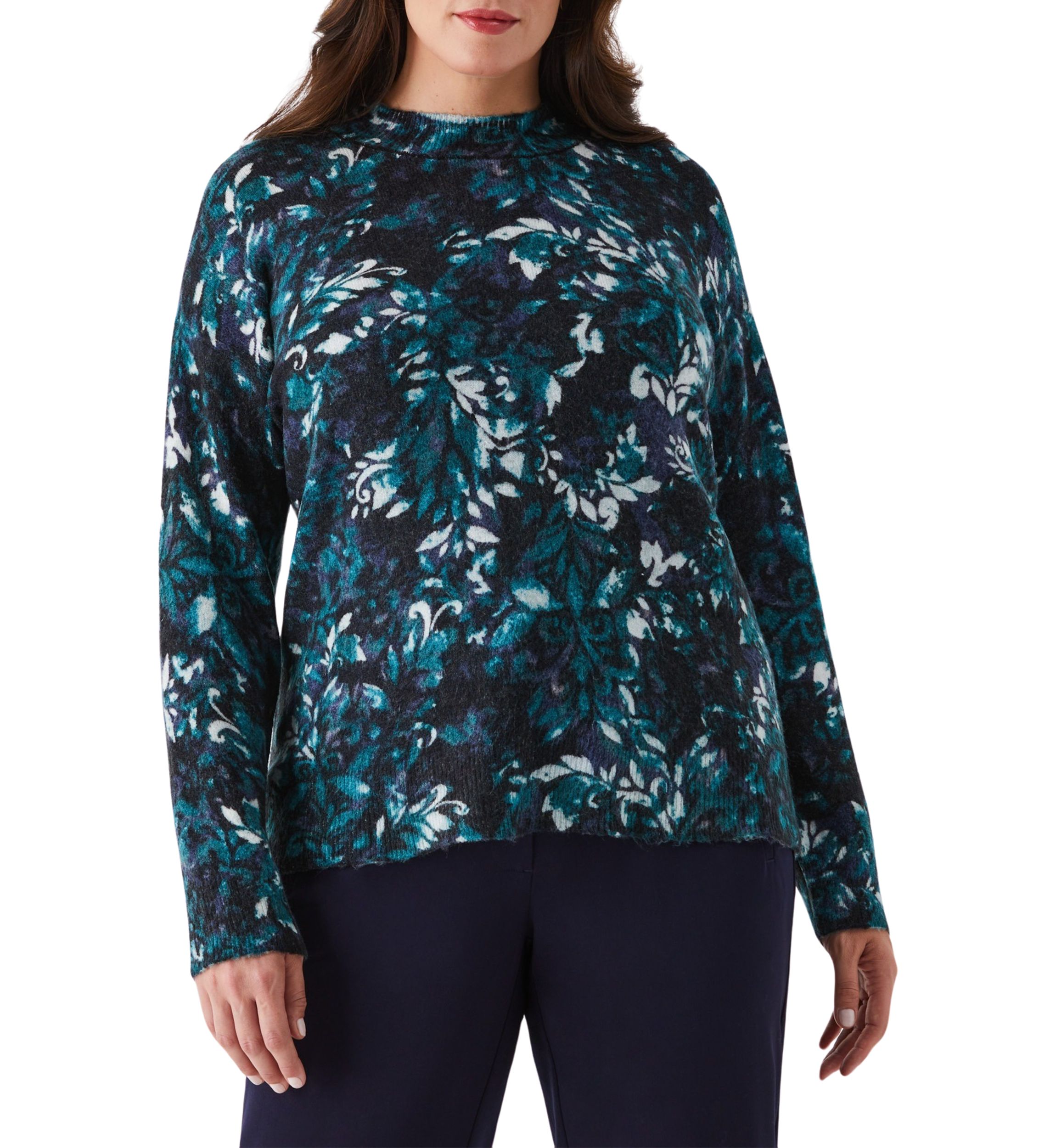 Plus Size Damask Print Mock Neck Lnog Sleeve Pullover Sweater