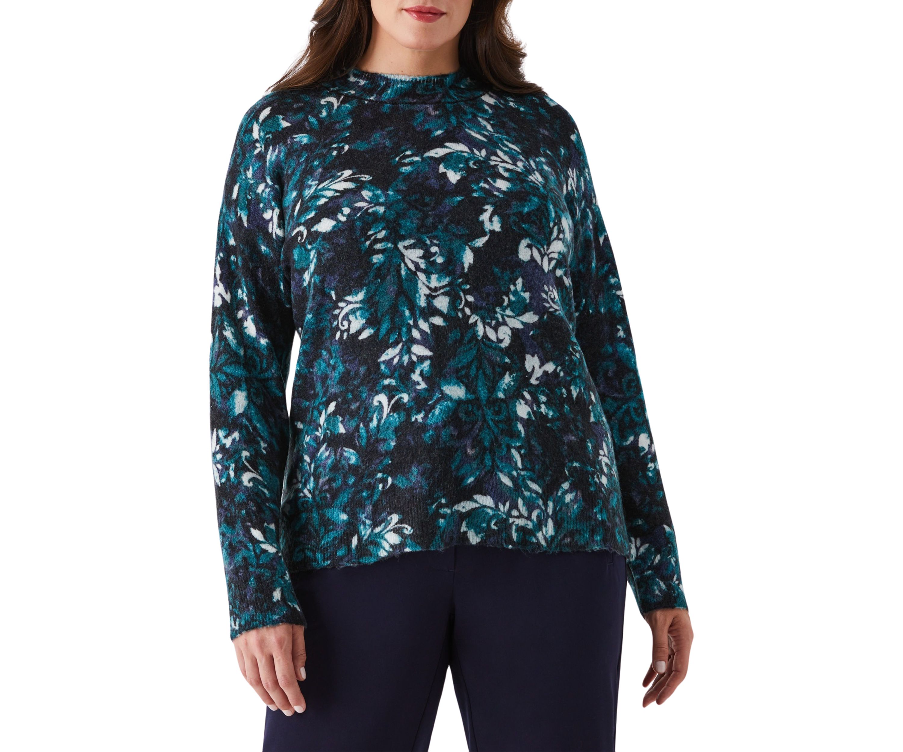 Plus Size Damask Print Mock Neck Lnog Sleeve Pullover Sweater