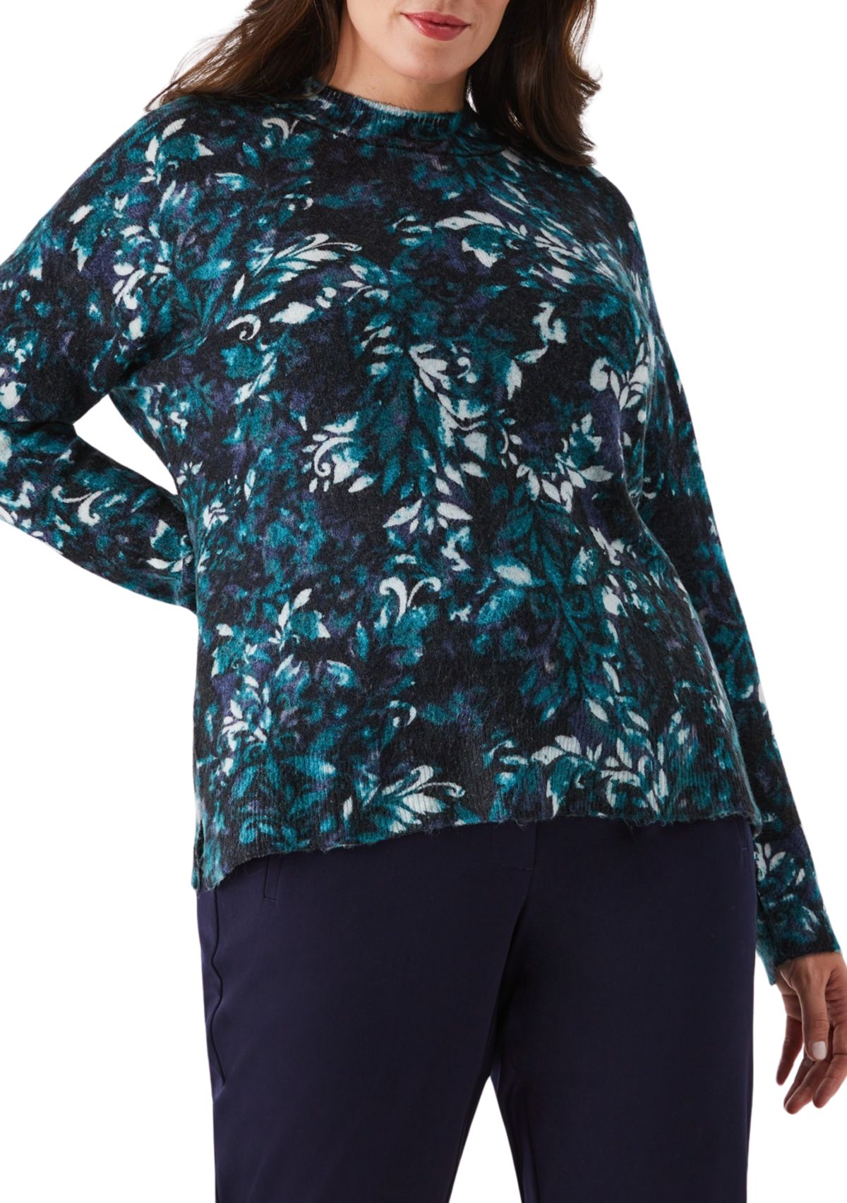 Plus Size Damask Print Mock Neck Lnog Sleeve Pullover Sweater
