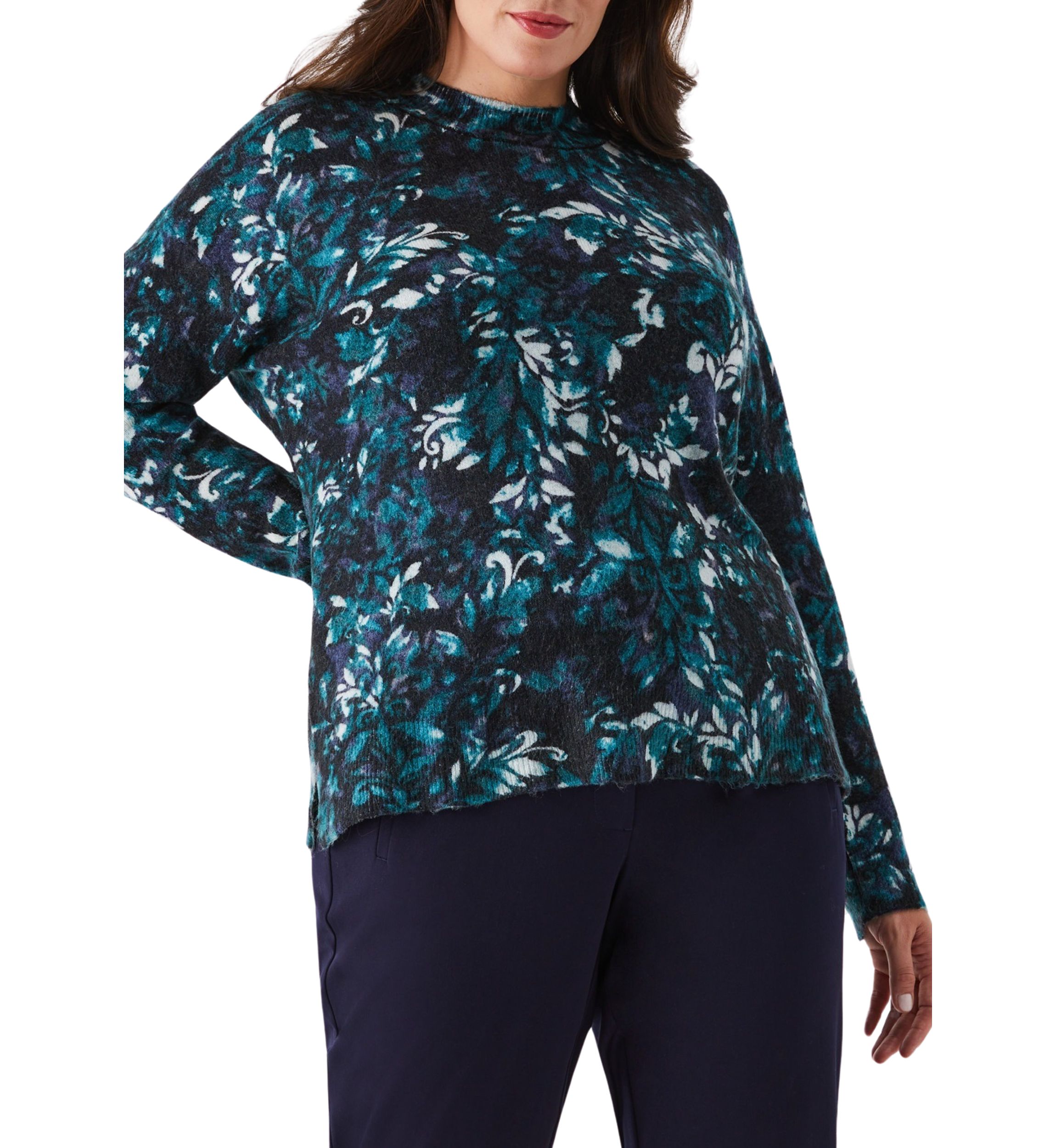 Plus Size Damask Print Mock Neck Lnog Sleeve Pullover Sweater