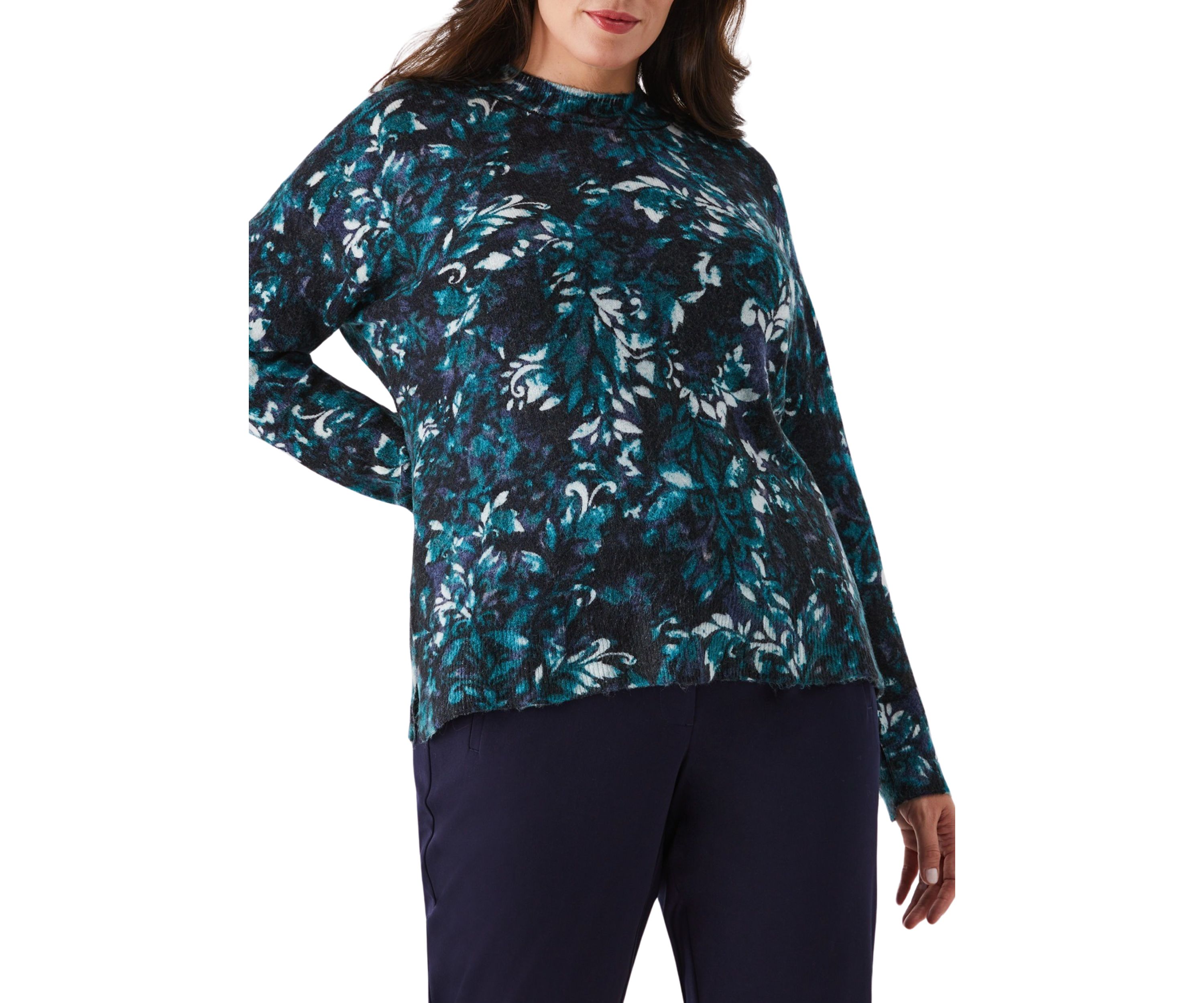 Plus Size Damask Print Mock Neck Lnog Sleeve Pullover Sweater