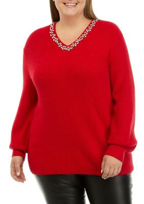 ELLA Rafaella Women's Plus Size Crystal Trim V-Neck Sweater, Red, 0X