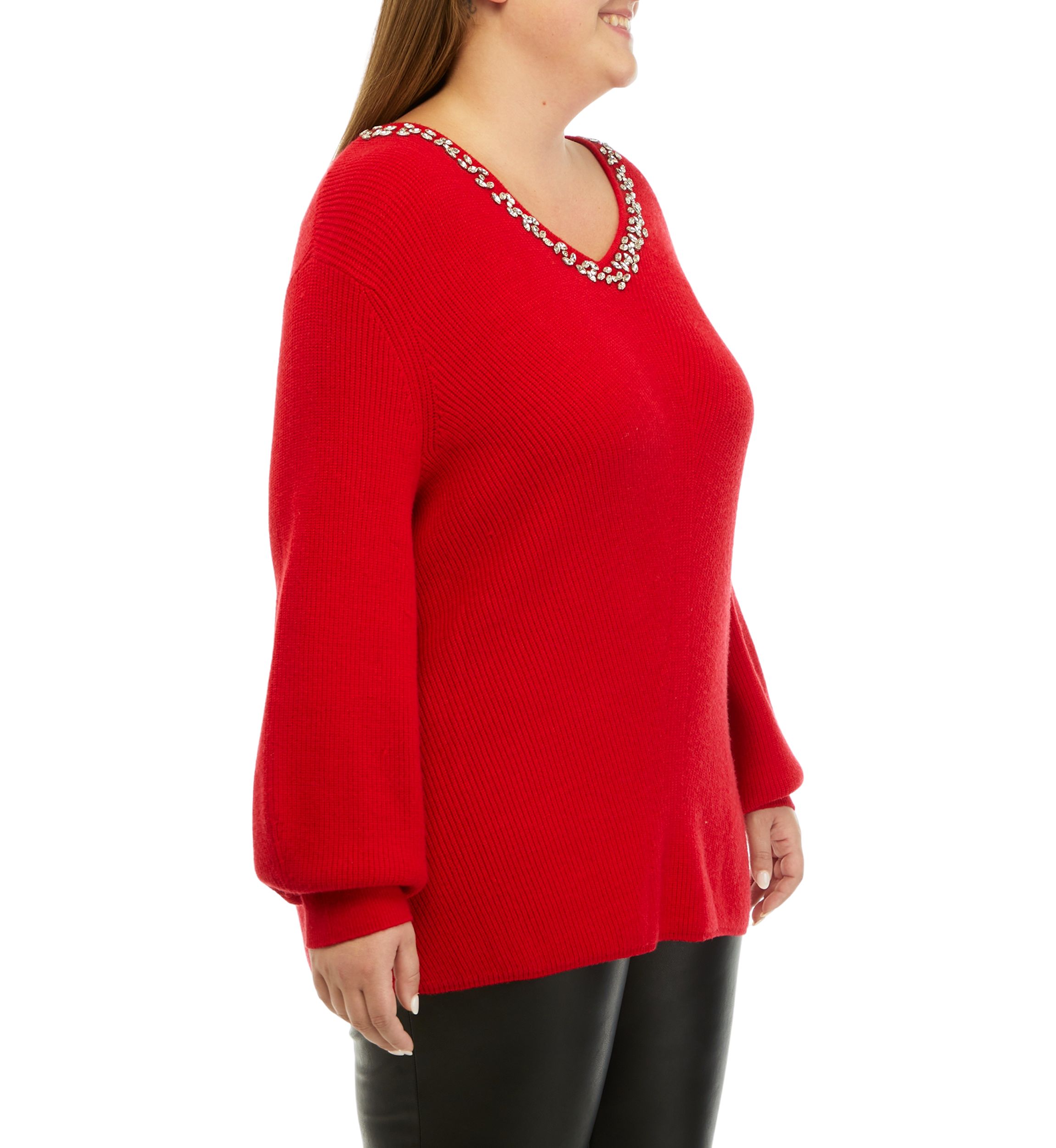 Plus Size Crystal Trim V-Neck Sweater