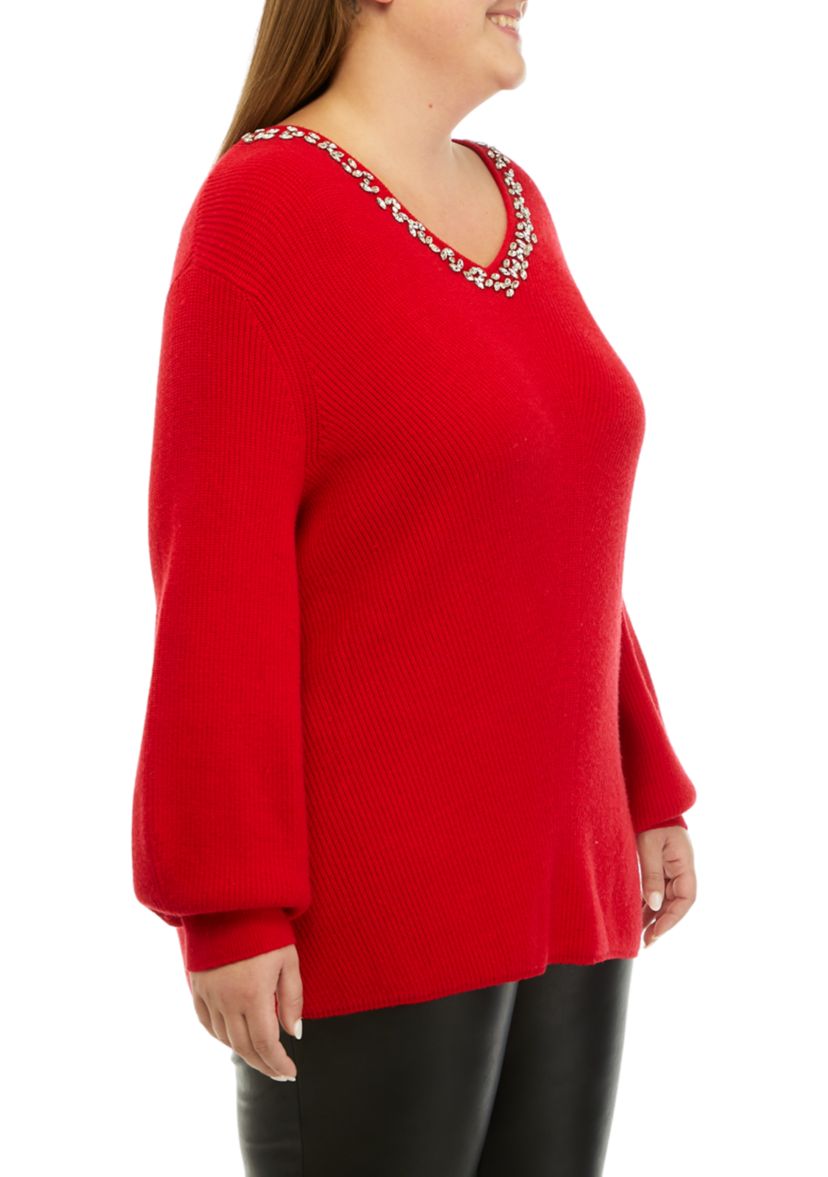 Plus Size Crystal Trim V-Neck Sweater