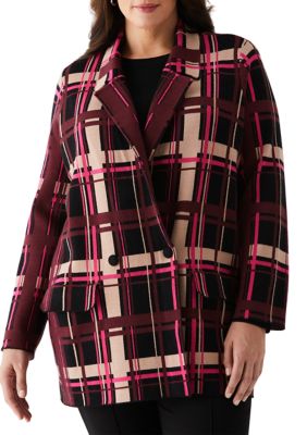 ELLA Rafaella Women's Plus Size Plaid Relaxed Long Sleeve Sweater Blazer, Black, 2X