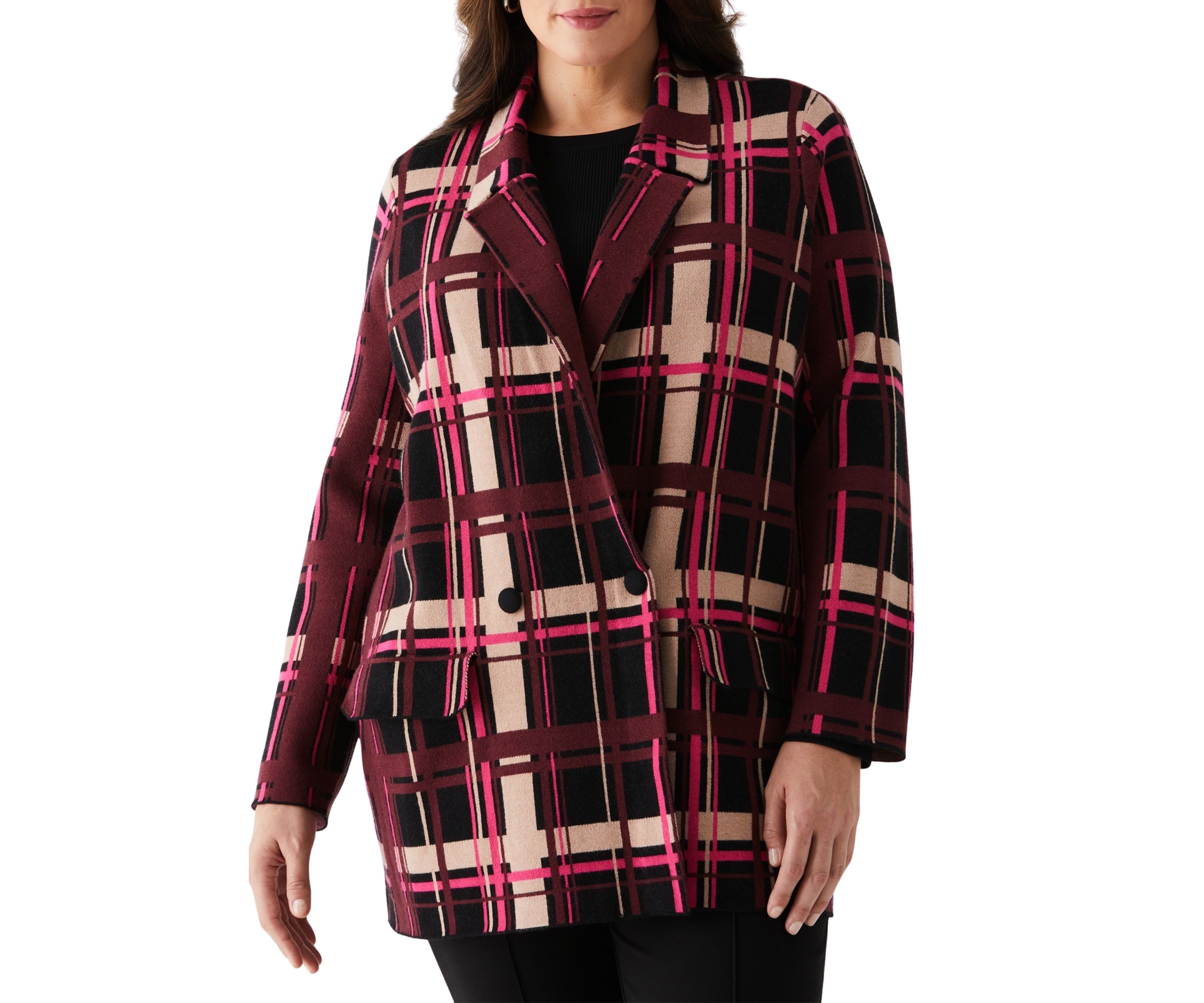 Plus Size Plaid Relaxed Long Sleeve Sweater Blazer