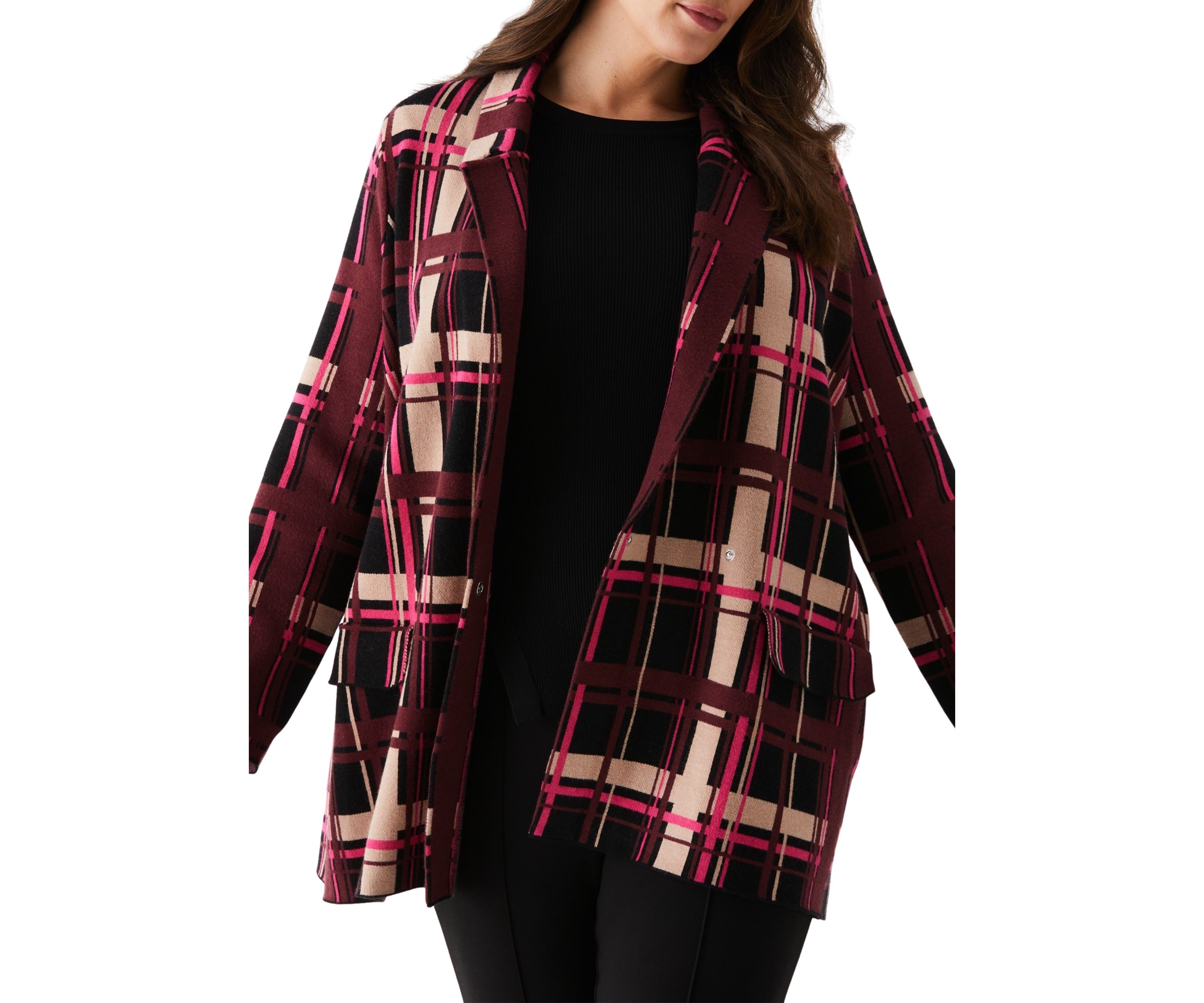 Plus Size Plaid Relaxed Long Sleeve Sweater Blazer
