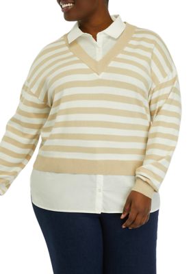 ELLA Rafaella Women's Plus Size Striped Layered Long Sleeve Sweater, 0X