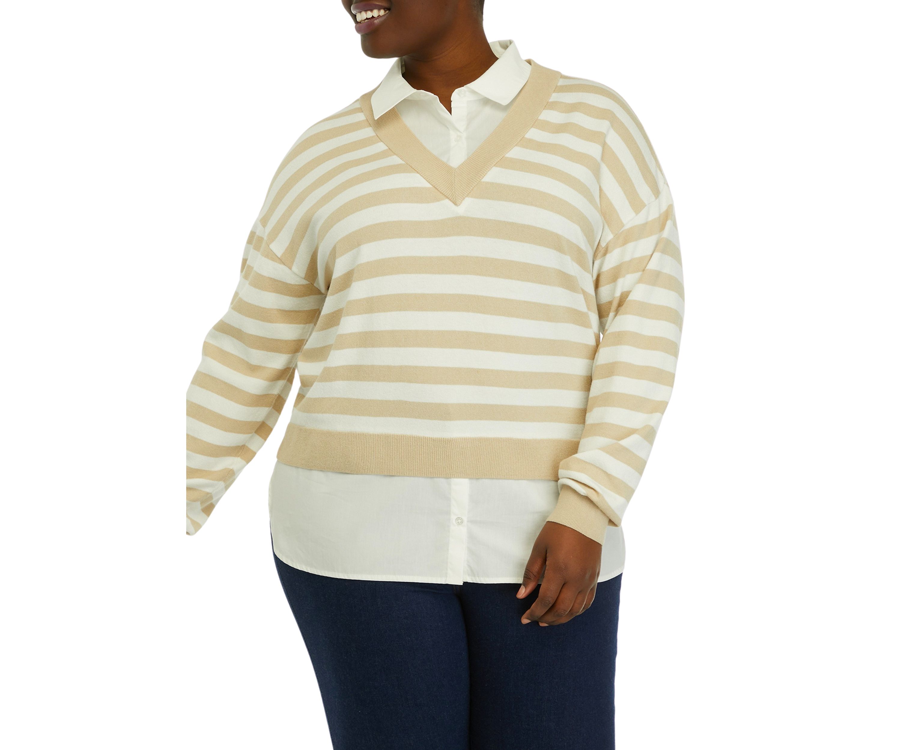 Plus Size Striped Layered Long Sleeve Sweater