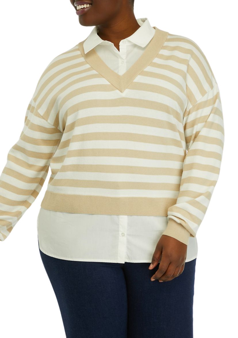 Plus Size Striped Layered Long Sleeve Sweater