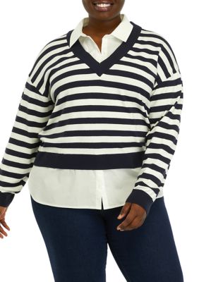 ELLA Rafaella Women's Plus Size Striped Layered Long Sleeve Sweater, Navy Blue, 0X