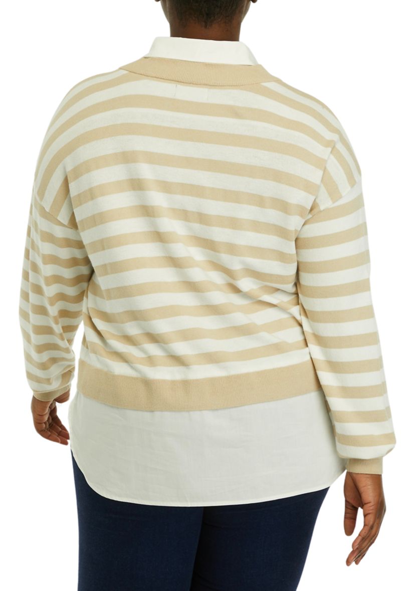 Plus Size Striped Layered Long Sleeve Sweater