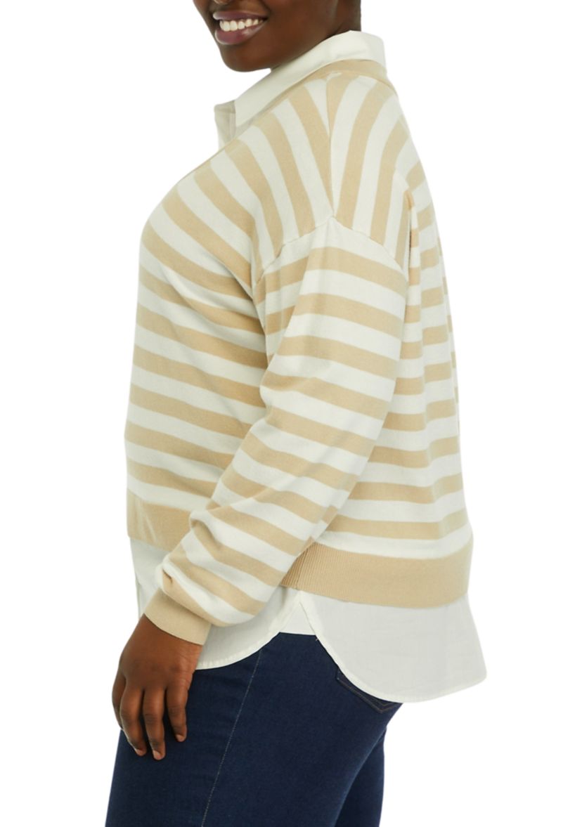 Plus Size Striped Layered Long Sleeve Sweater