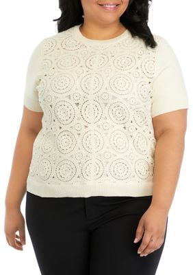 ELLA Rafaella Women's Plus Size Crochet Front Short Sleeve Sweater