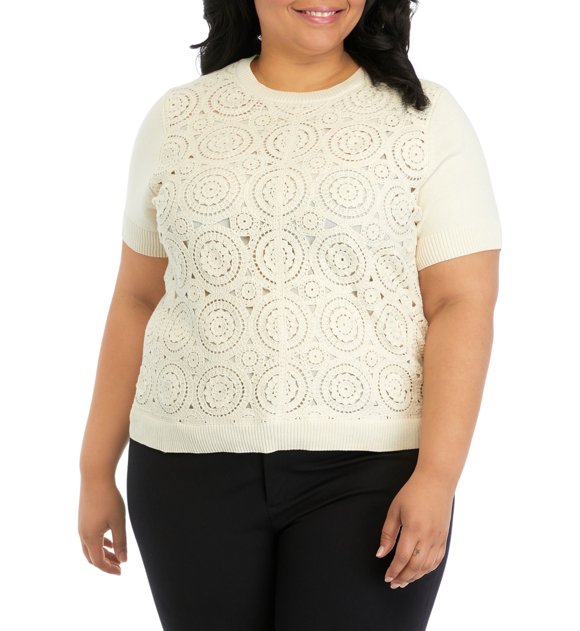 Plus Size Crochet Front Short Sleeve Sweater