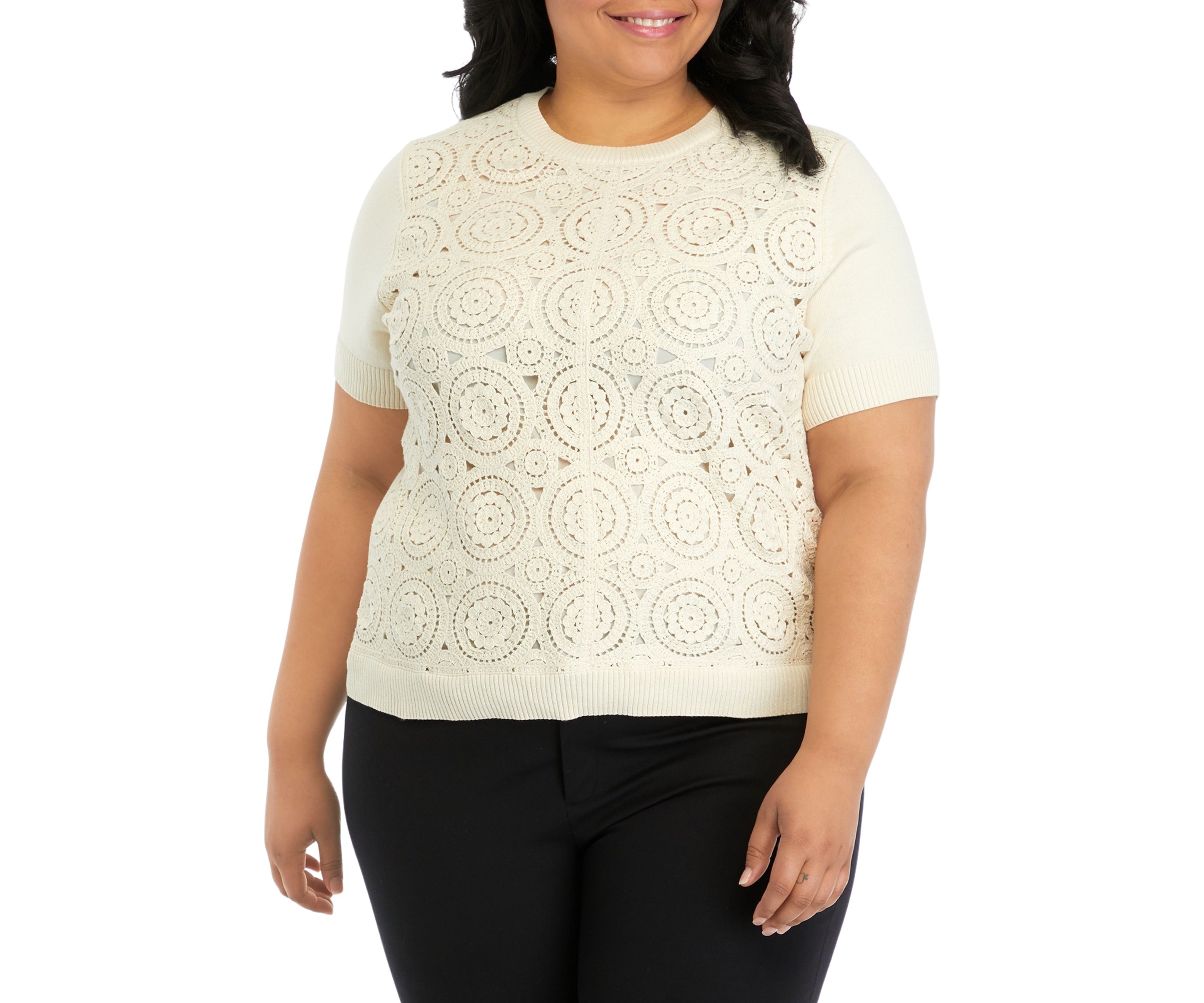 Plus Size Crochet Front Short Sleeve Sweater