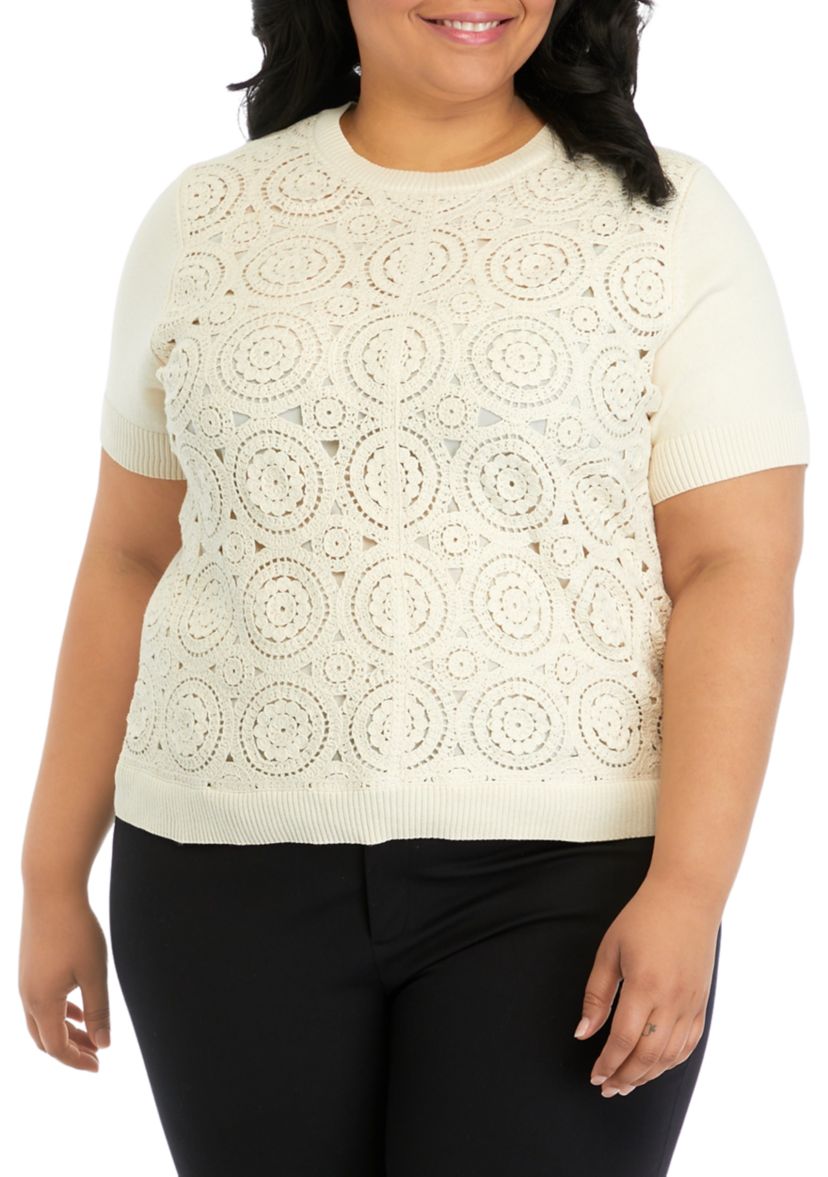 Plus Size Crochet Front Short Sleeve Sweater
