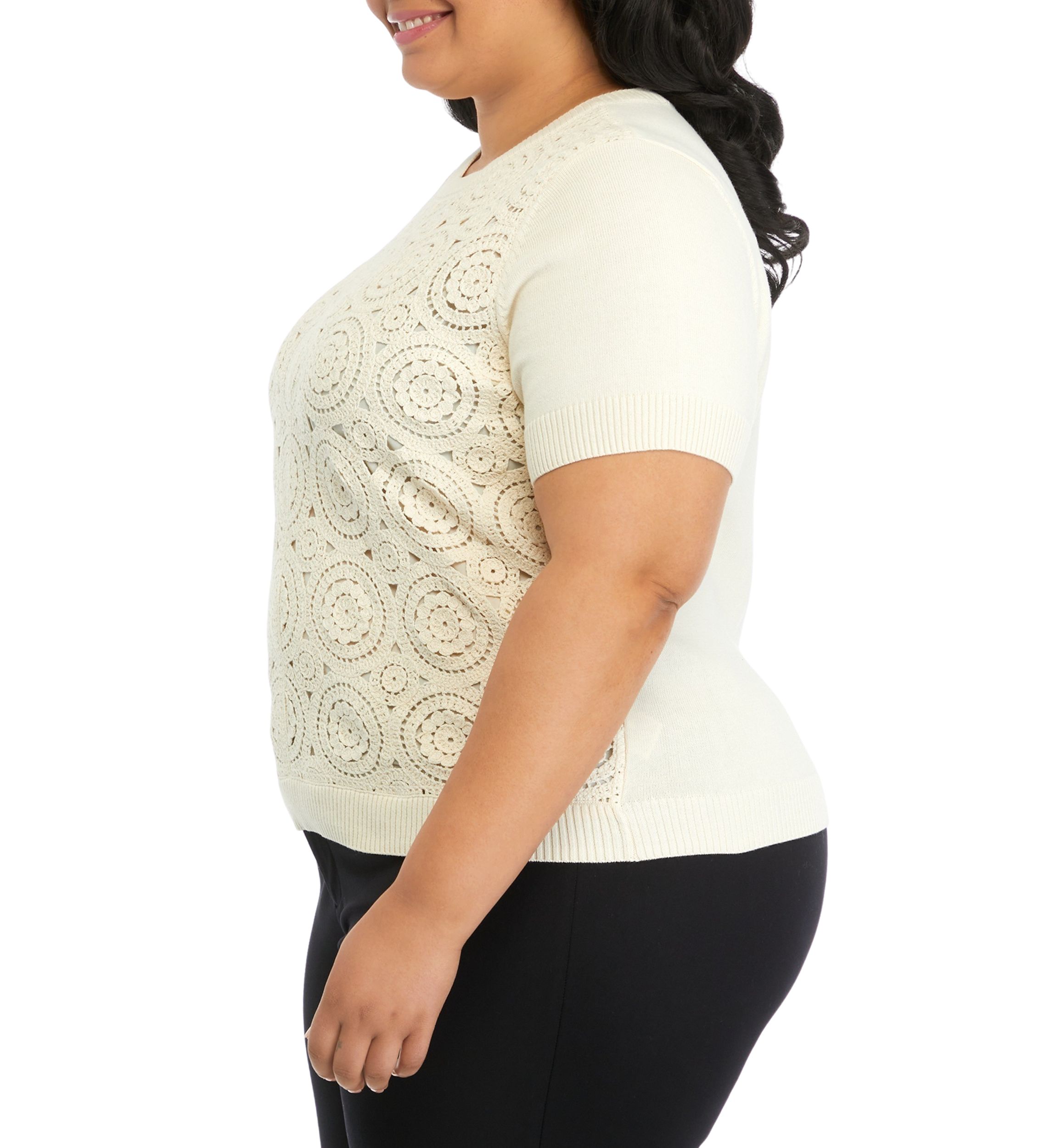Plus Size Crochet Front Short Sleeve Sweater