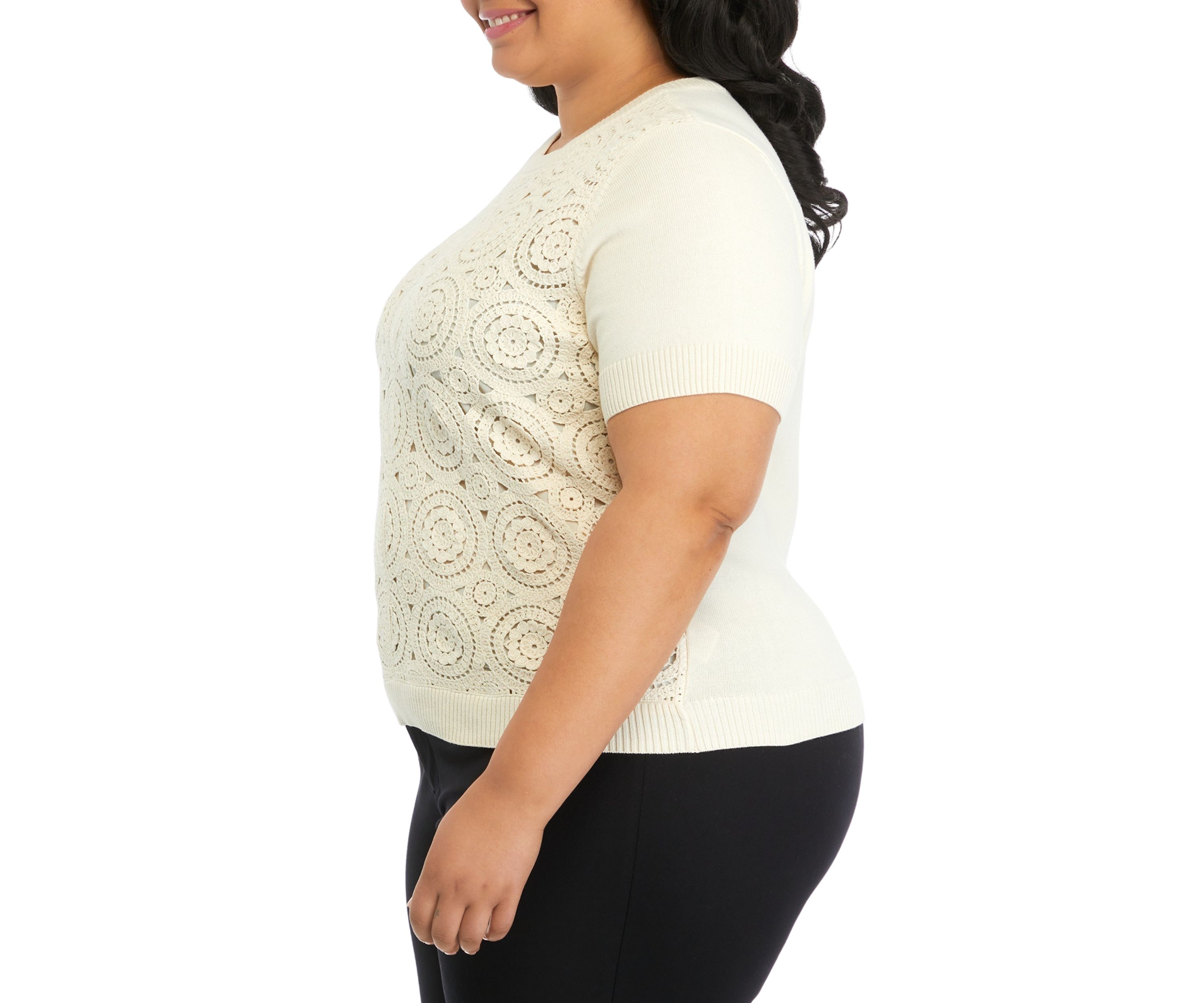 Plus Size Crochet Front Short Sleeve Sweater