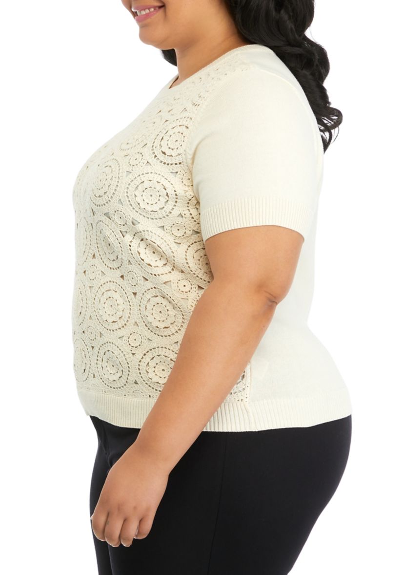 Plus Size Crochet Front Short Sleeve Sweater