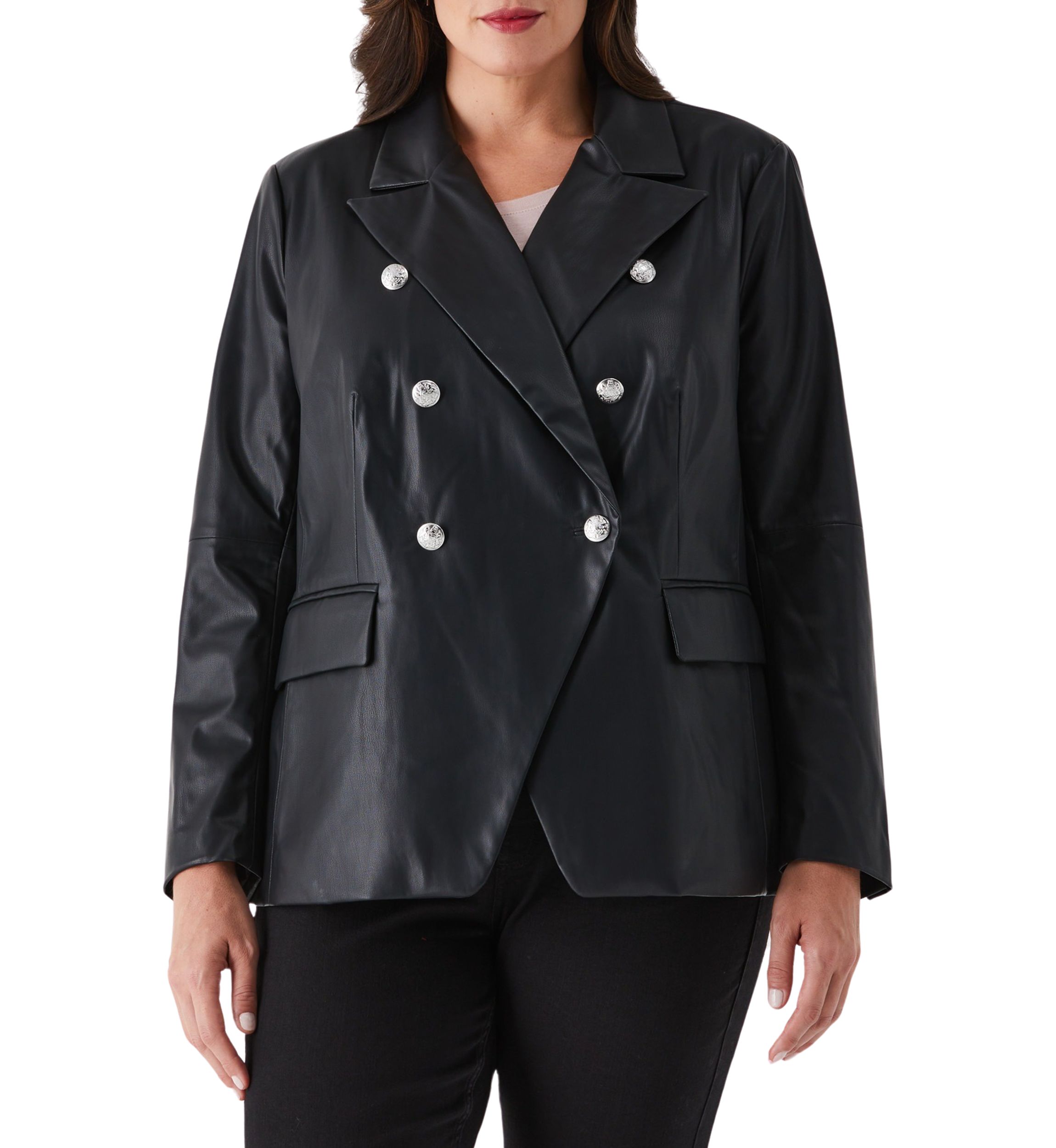 Plus Size Vegan Leather Double Breasted Blazer