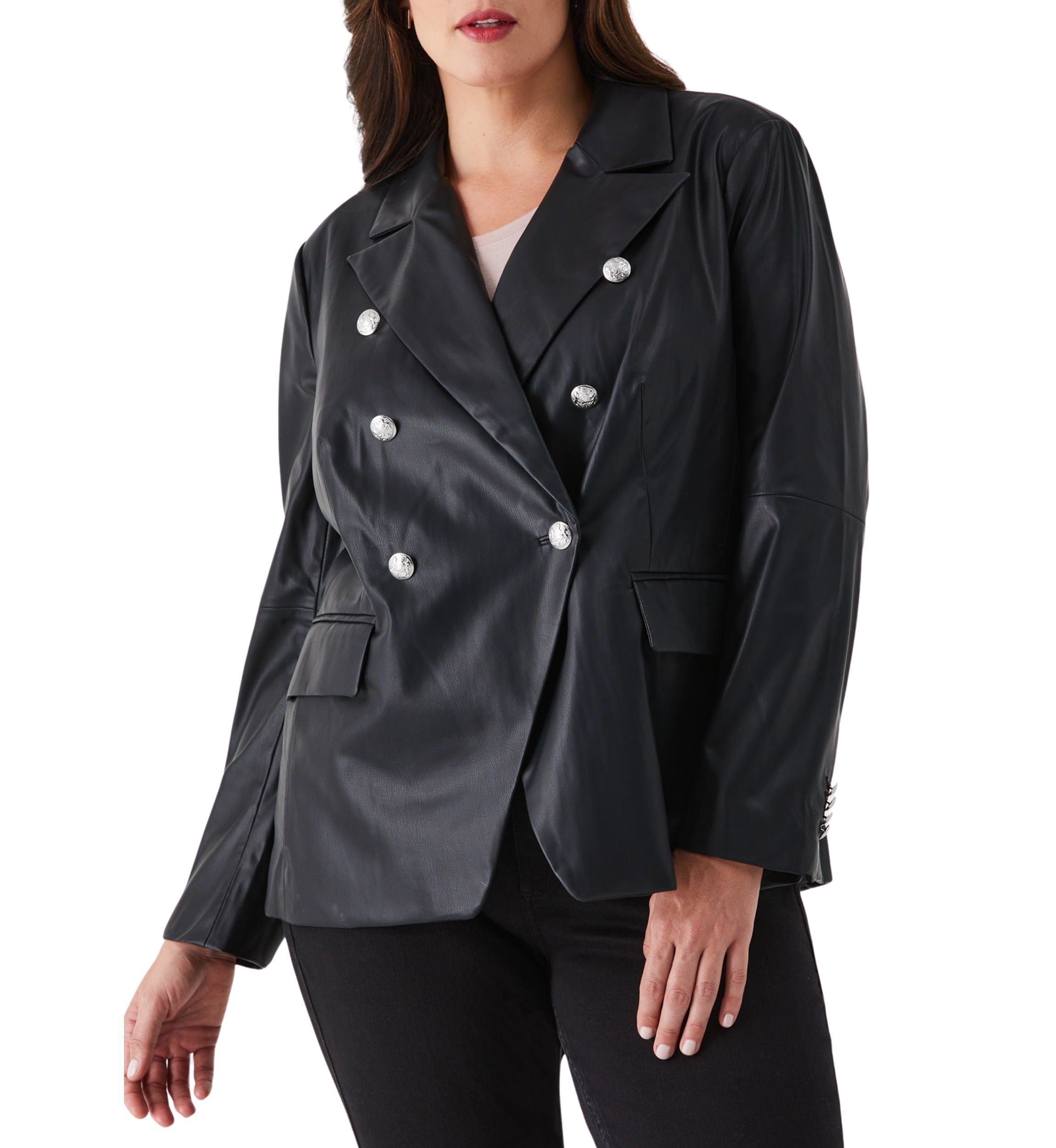 Plus Size Vegan Leather Double Breasted Blazer