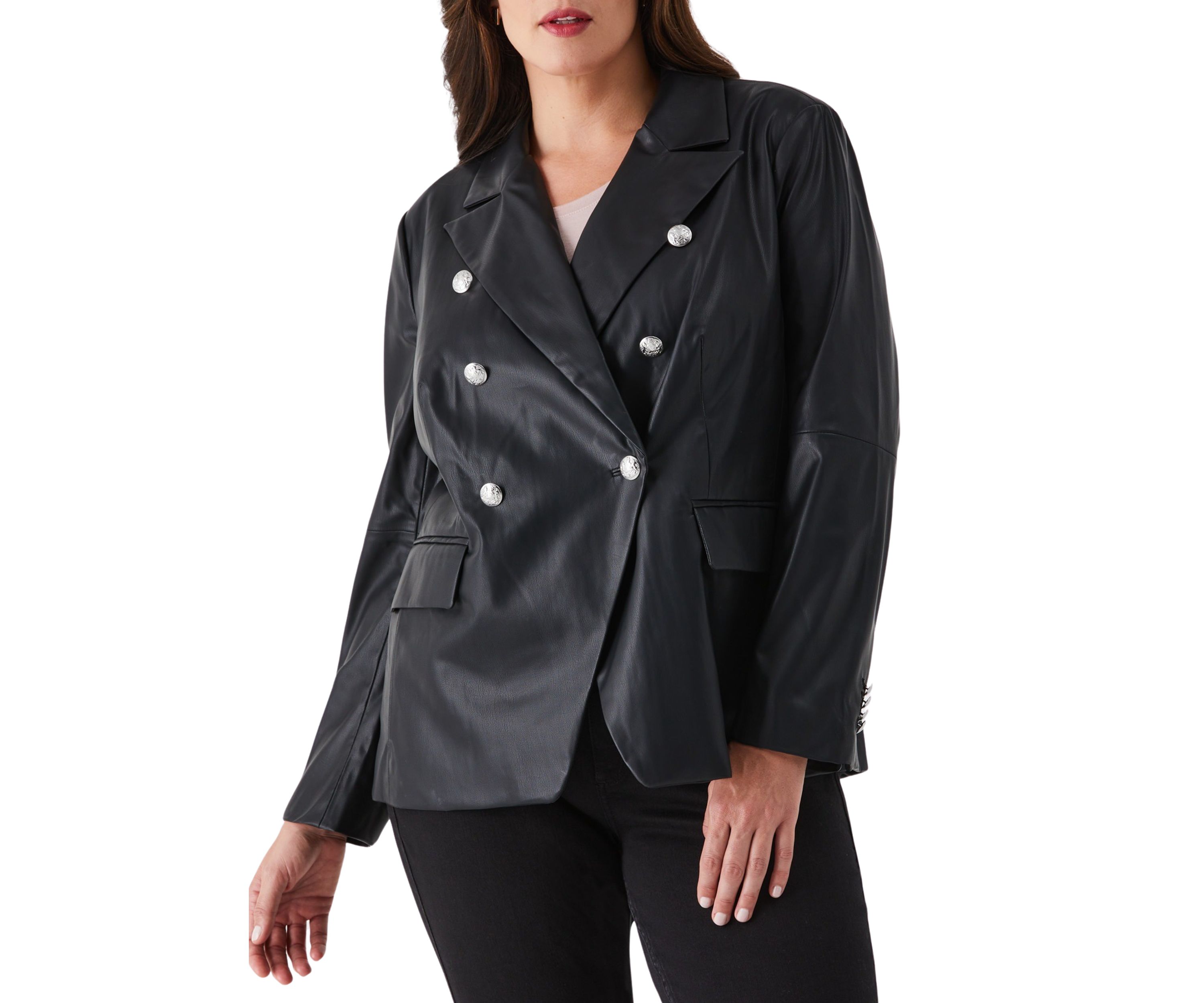 Plus Size Vegan Leather Double Breasted Blazer